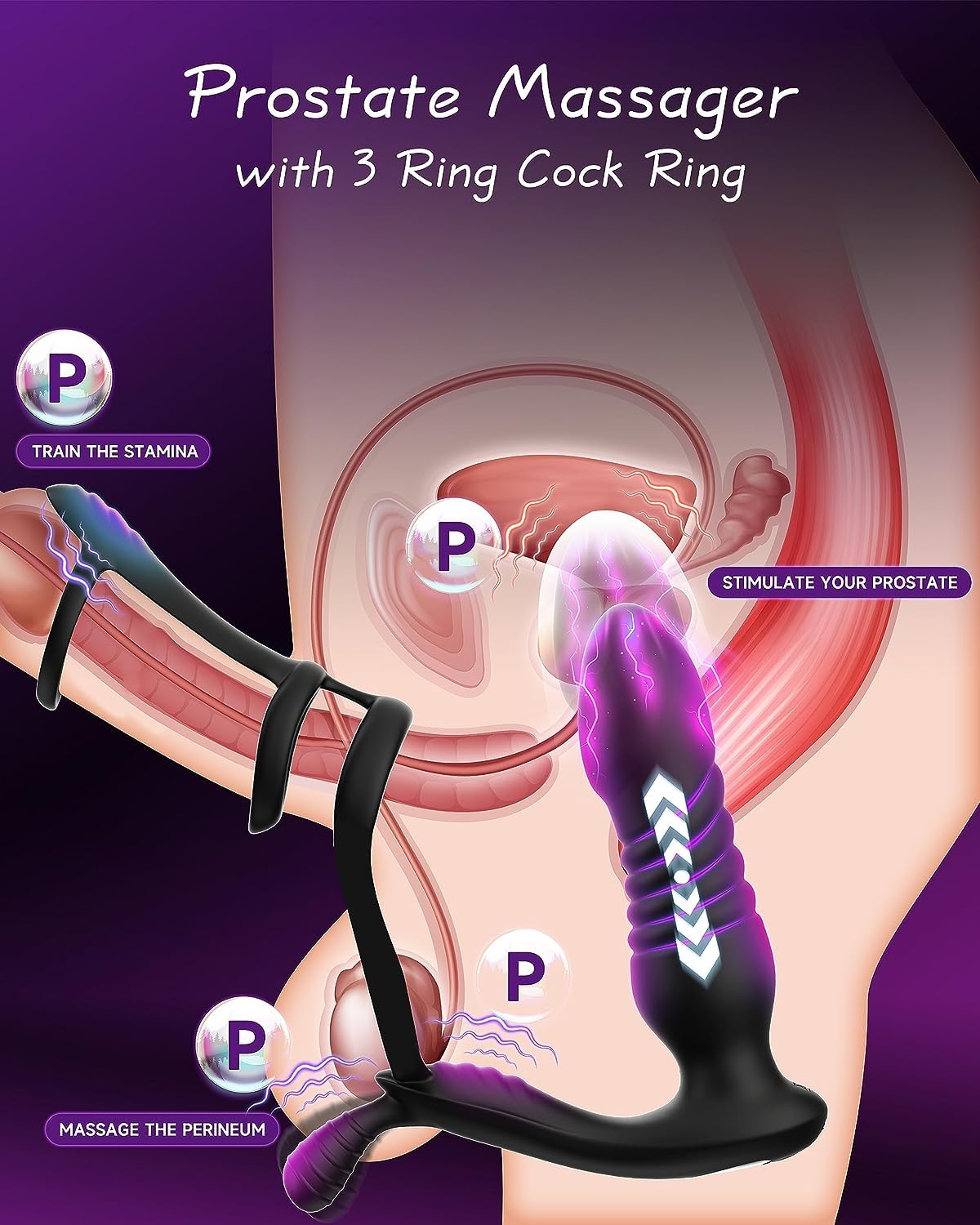 Powerful 3-in-1 Prostate Massager with Double Vibrating Anal Ring - Male G-Spot Stimulator & Penis Ring Sex Toy for Couples | Enhance Intimacy & Pleasure in Bedroom Play