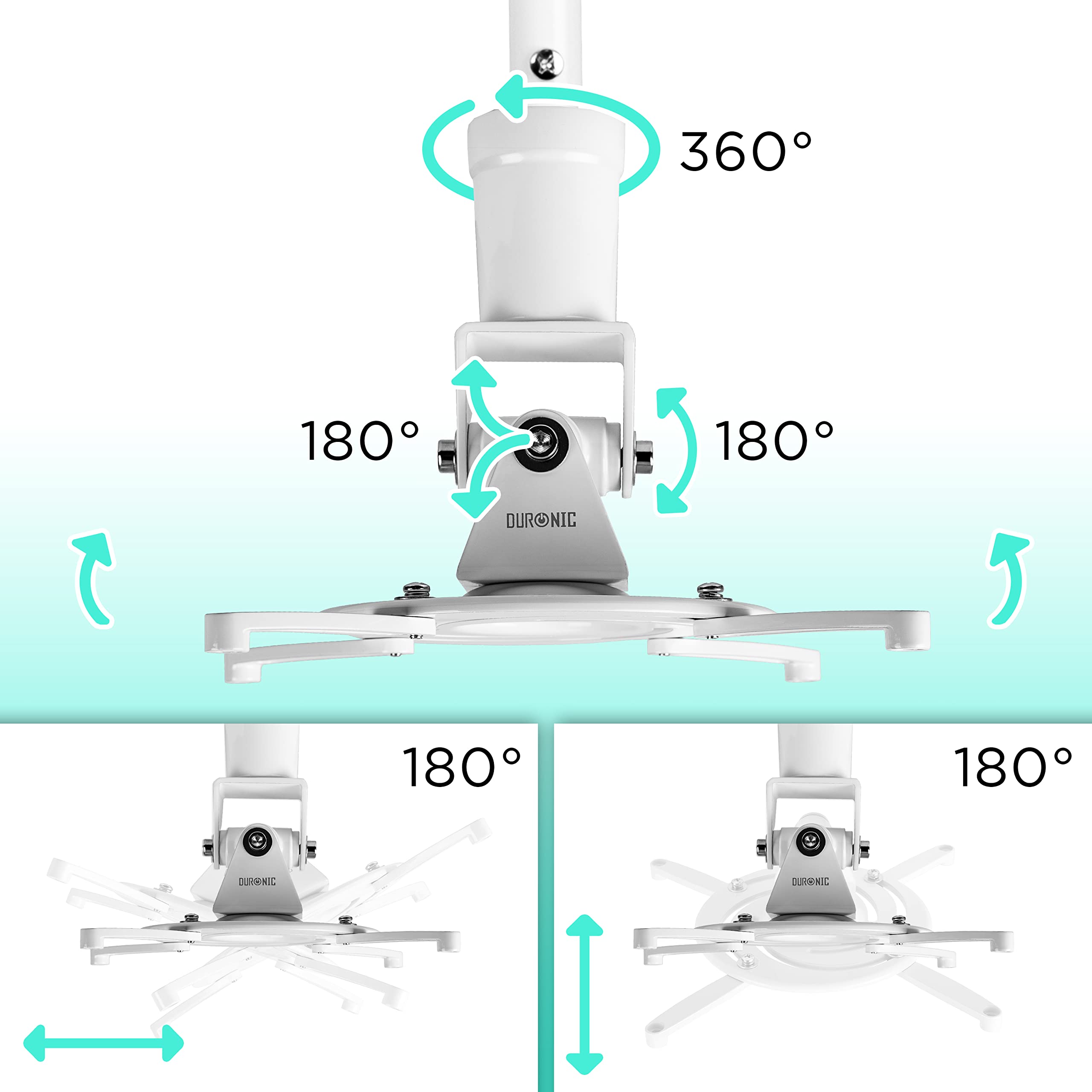 Duronic PB08XL Heavy Duty Ceiling Projector Mount - Universal 10kg Capacity with 360° Rotation, 180° Swivel & Tilt - Includes All Fittings for Easy Installation | Perfect for Home Theater, Classrooms & Office Presentations