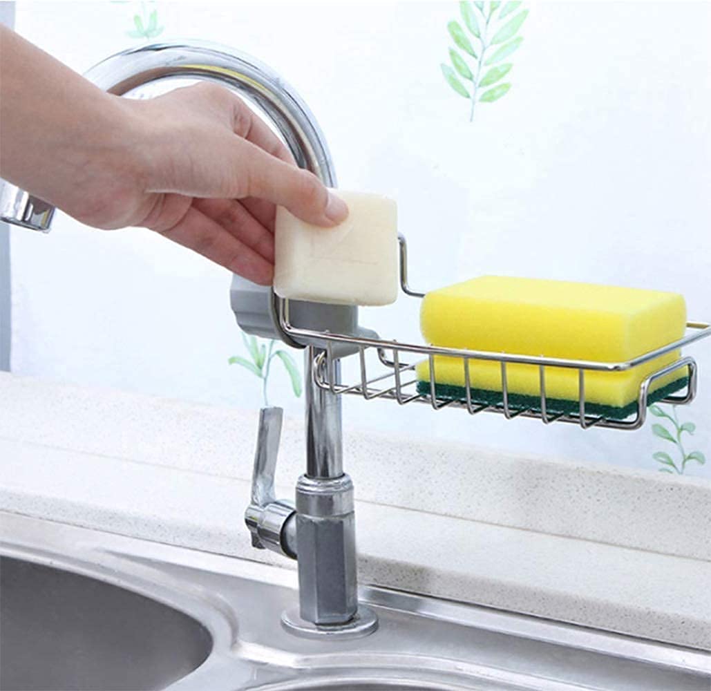 Stainless Steel Kitchen Sink Organizer - Dish Soap Sponge Holder & Faucet Storage Rack | Space-Saving Sink Caddy for Sponges, Brushes & Cleaning Supplies | Perfect for Small Kitchens & Apartment Sinks (Silver)