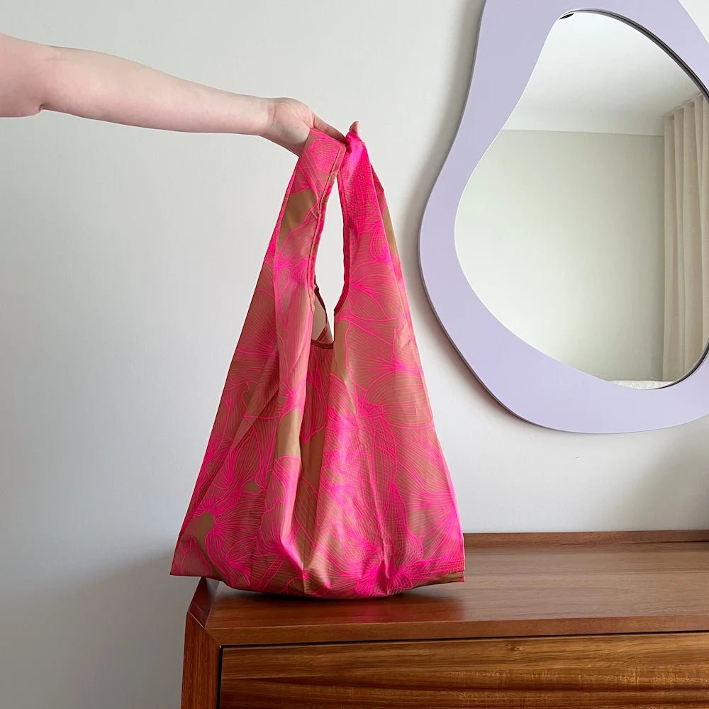 Eco-Friendly Reusable Shopping Bags - 2 Pack with Neon Pink & Tan Floral Designs - Perfect for Groceries, Beach Trips & Farmers Markets