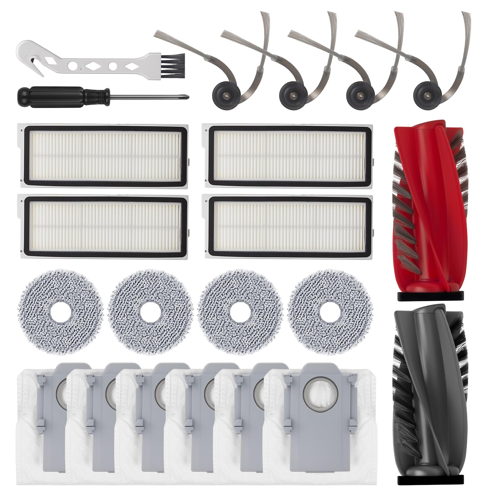 22Pcs Replacement Parts Kit for Roborock Qrevo Curv/Qrevo Edge - Includes 1 Main Brush, 4 Side Brushes, 4 HEPA Filters, 4 Mop Pads & 6 Vacuum Bags - Compatible with Q Revo Curv/Q Revo Edge Robot Vacuum Cleaners - Perfect for Regular Maintenance and Deep Cleaning