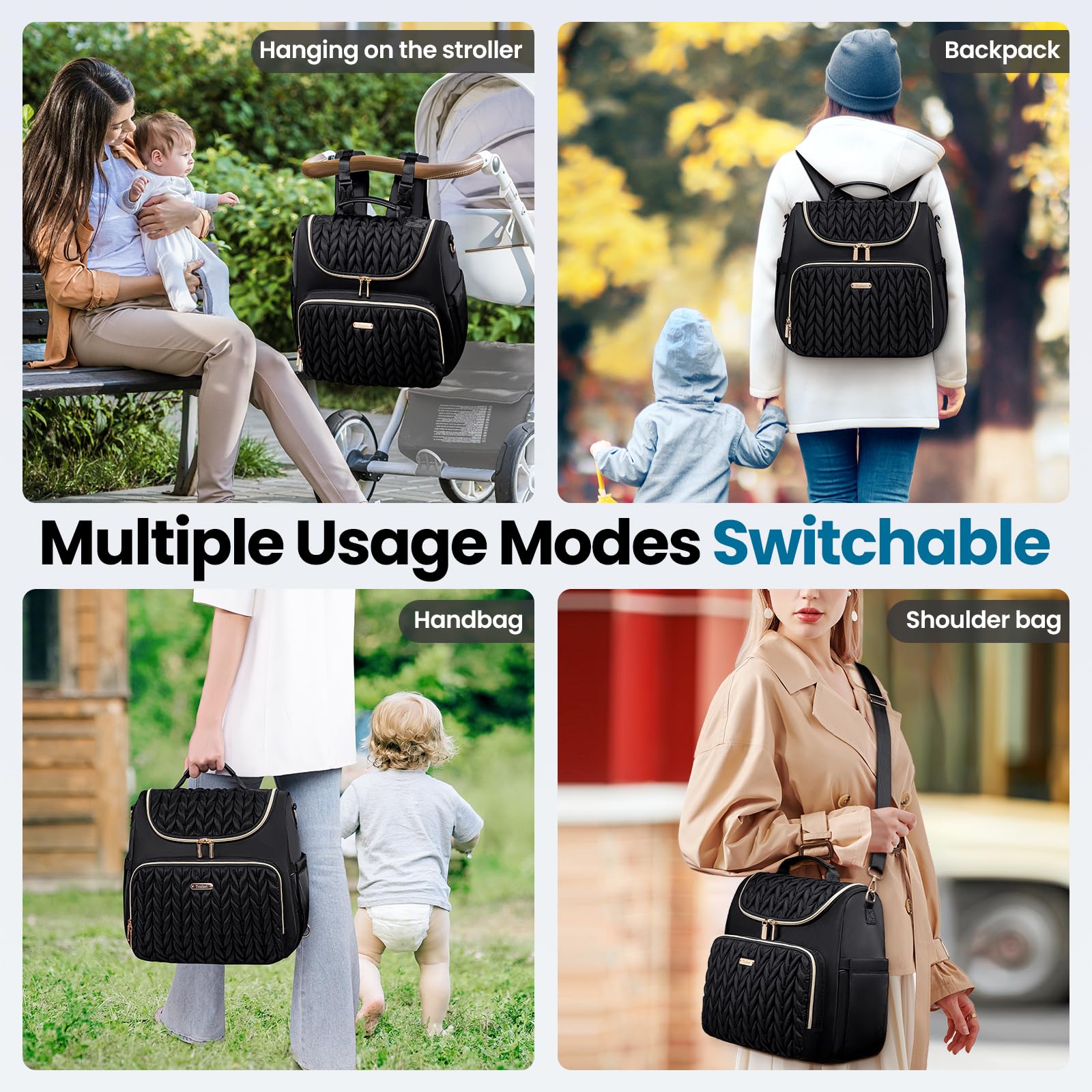 4 in 1 Convertible Diaper Bag Backpack - Waterproof Baby Diaper Bag with Changing Pad - Converts to Tote, Backpack, Stroller Bag & Crossbody - Perfect for Travel, Shopping & Daily Parenting