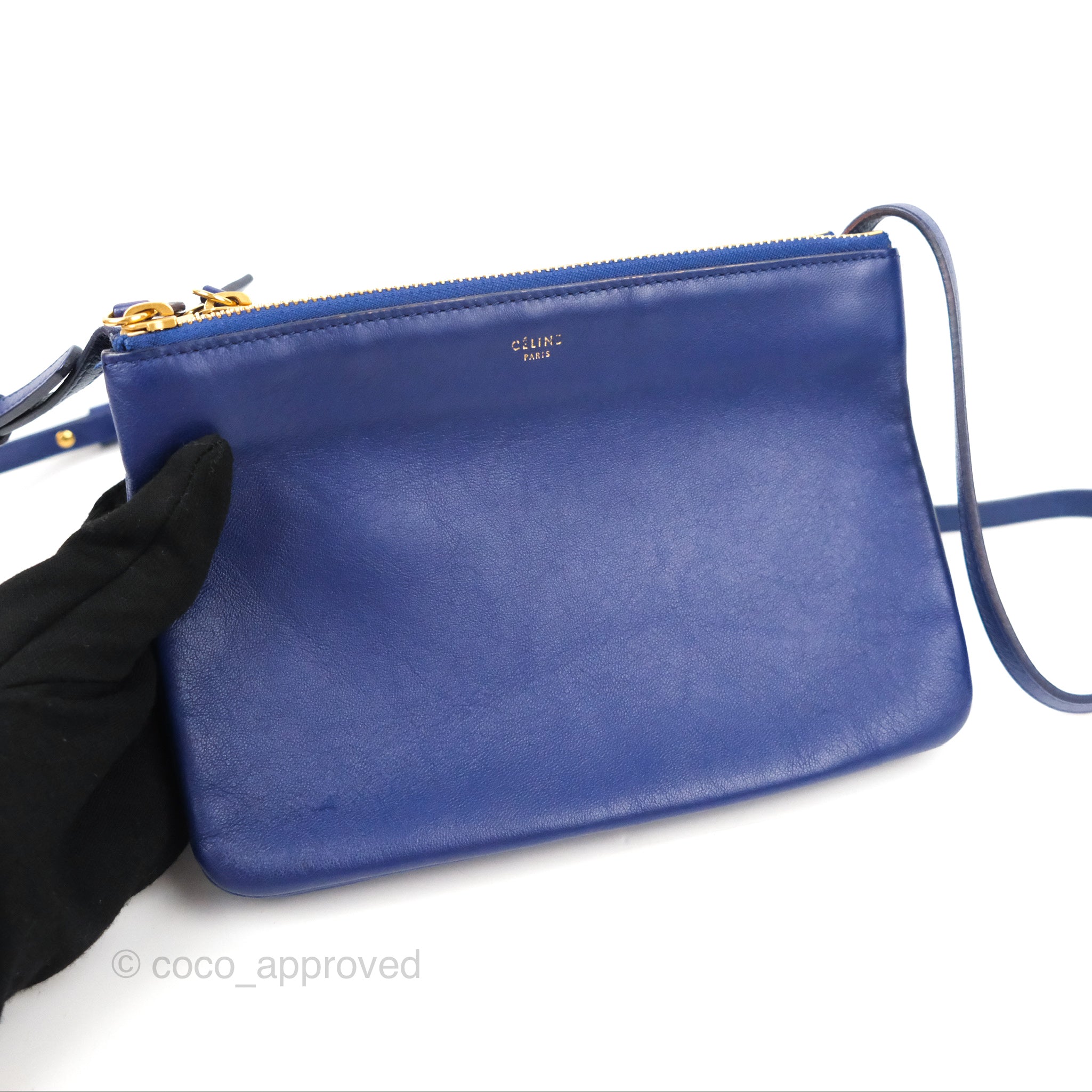 Celine Small Trio Crossbody Bag in Dark Blue Lambskin Leather with Gold Hardware - Perfect for Everyday Use, Travel & Date Nights