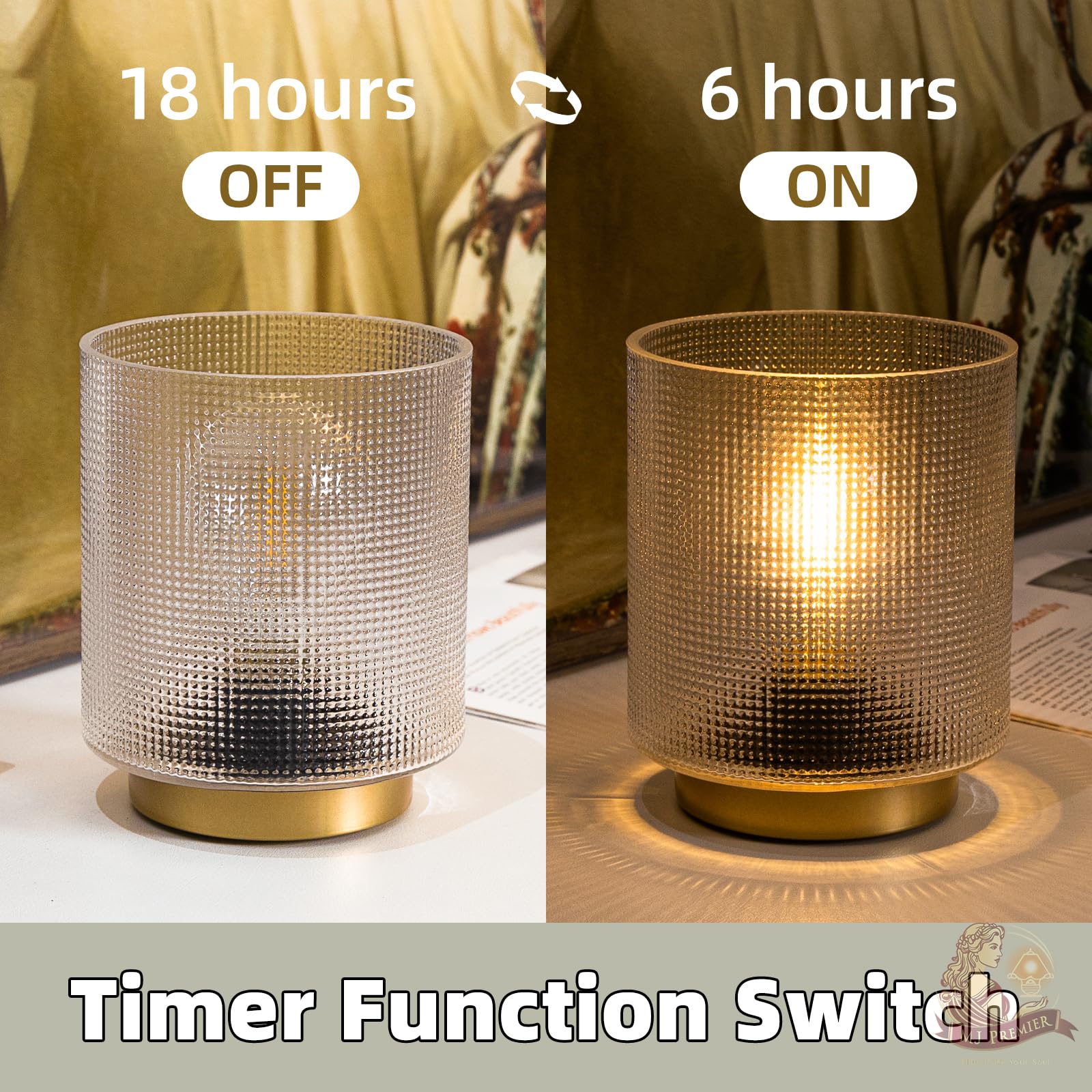 MJ PREMIER Battery Operated Table Lamp with Timer - Cordless Glass Accent Lamp for Bedroom, Living Room, Nightstand, Home Decor - Perfect for Bedside Reading, Ambient Lighting, and Decorative Accents (Clear)