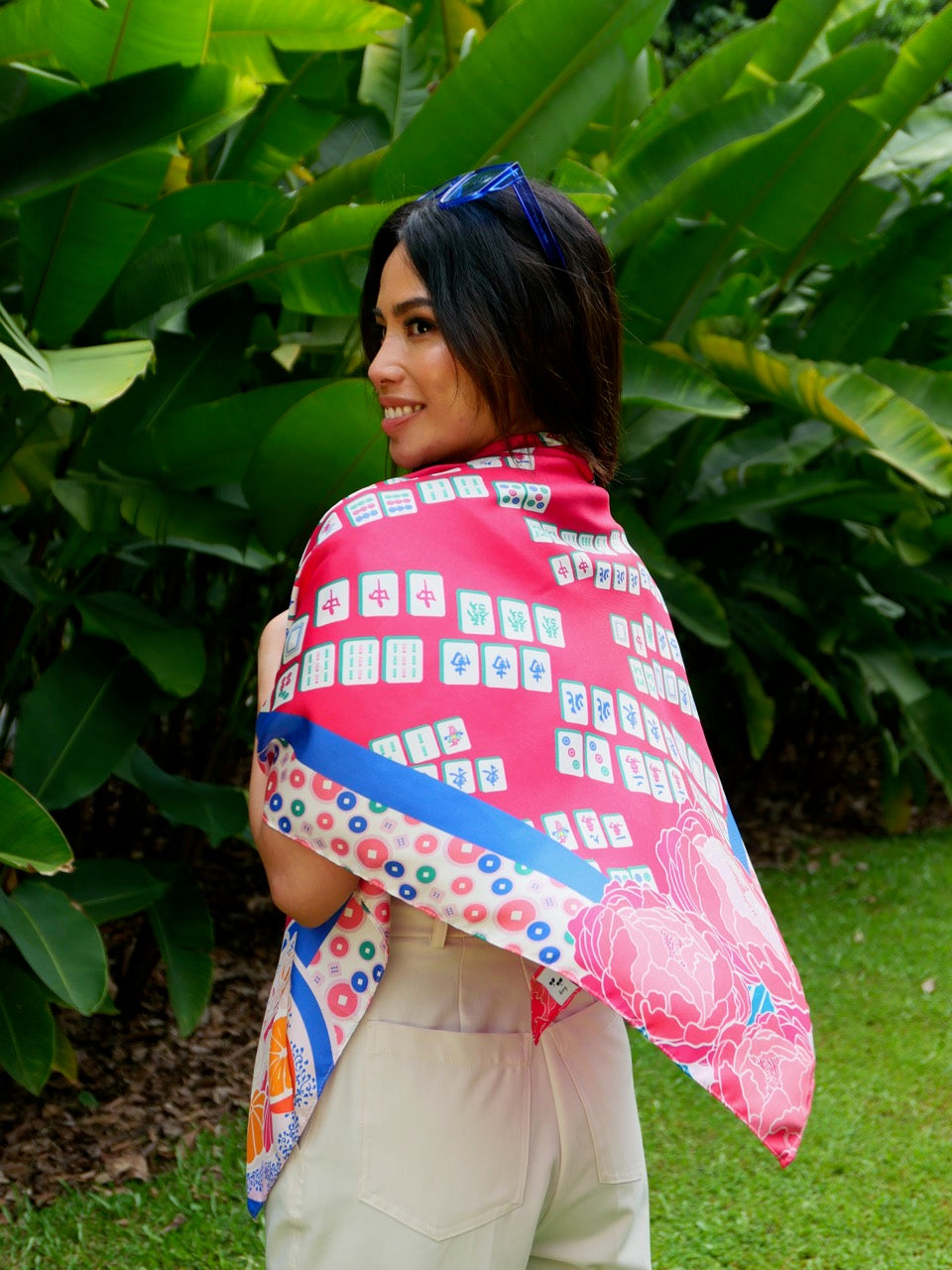 Aunty Carol's Premium Silk Scarf - Elegant Lucky Tiles Design | Perfect for Gifts, Weddings & Special Occasions