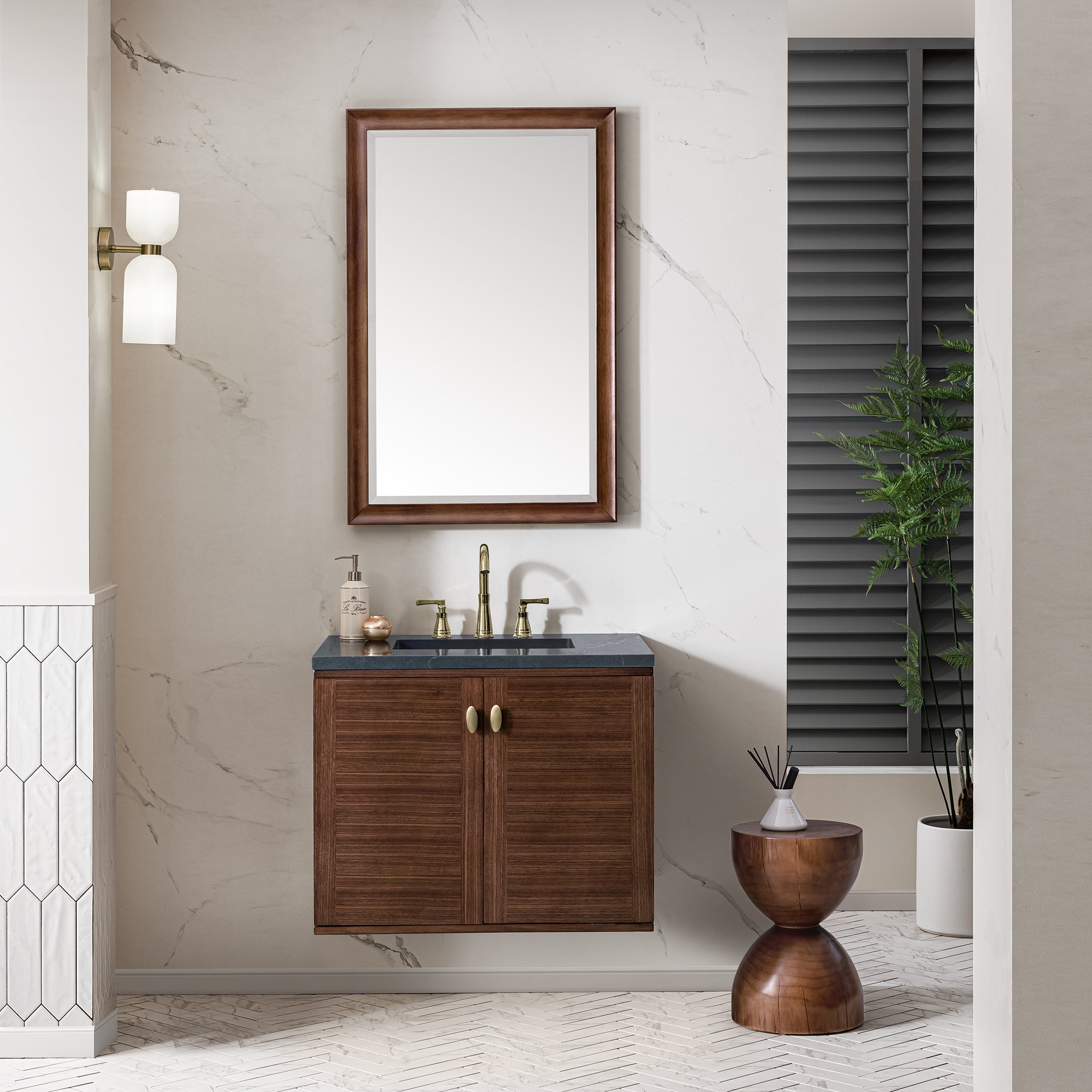 Amberly 30 Inch Single Vanity with Mid Century Walnut Finish & 3CM Charcoal Soapstone Top - Perfect for Bathroom Remodeling and Modern Home Decor