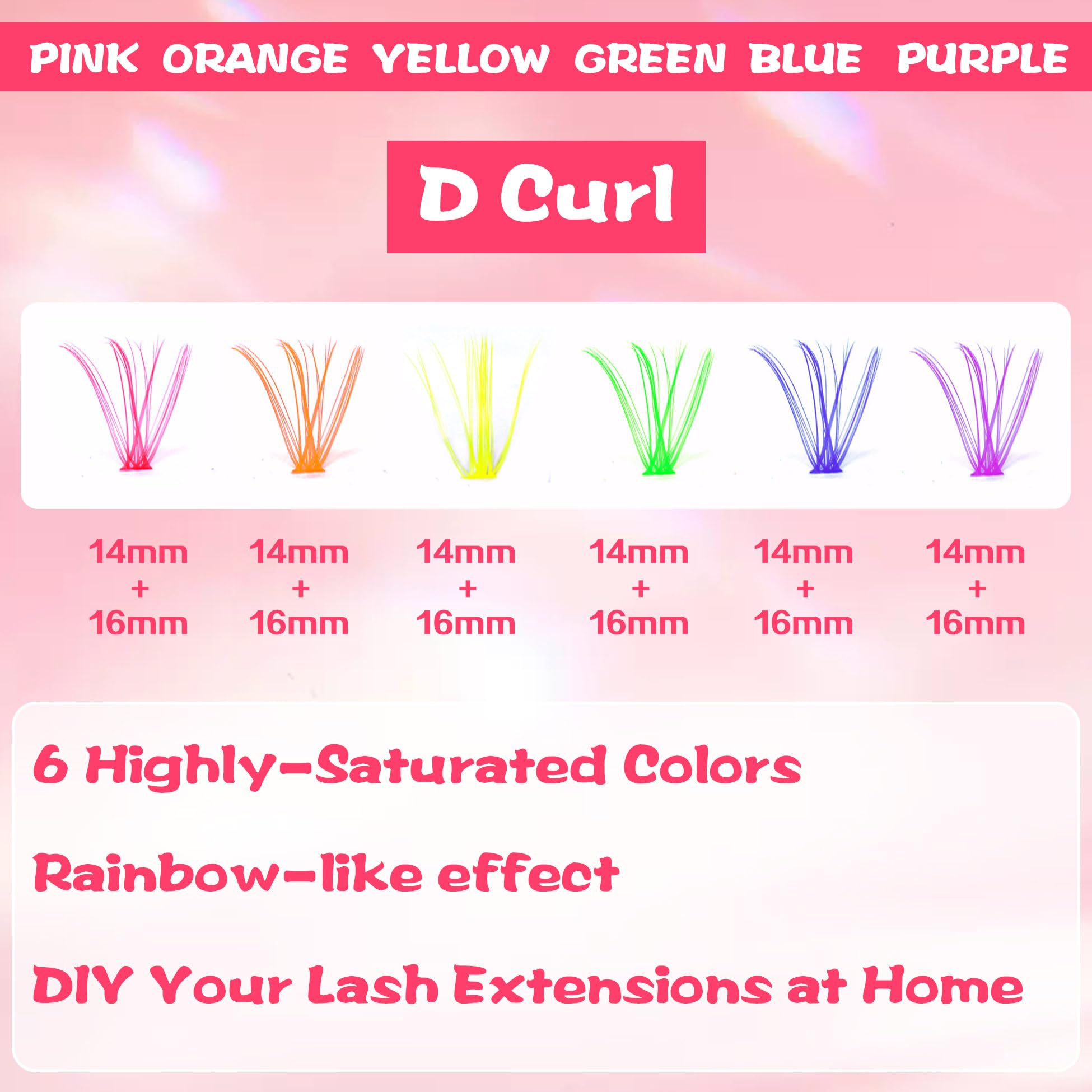 EYDEVRO DIY Eyelash Extension Kit - 6 Color Rainbow Cluster Lashes (D Curl 14mm & 16mm Mixed) for Bold Makeup Looks | Perfect for Parties, Halloween & Cosplay