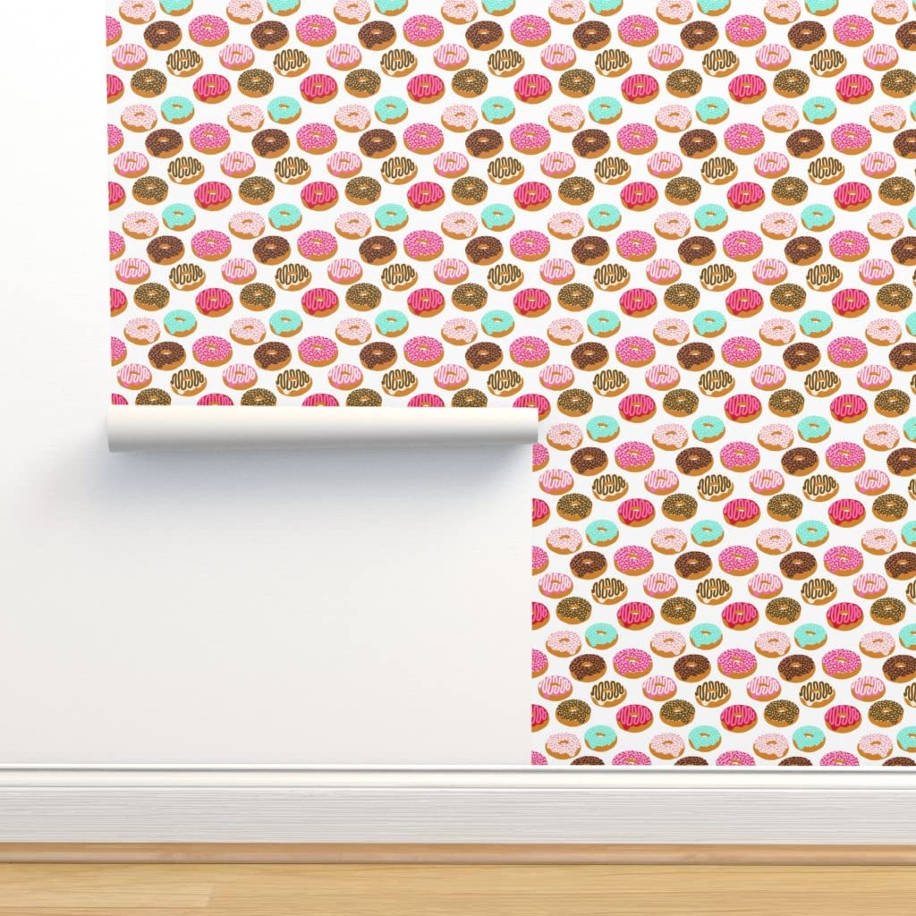 Peel & Stick Wallpaper 12ft x 2ft - Sweet Donut Design in Pink, Chocolate & Strawberry | Removable Custom Wallpaper for Kids Room, Nursery & Home Decor by Spoonflower