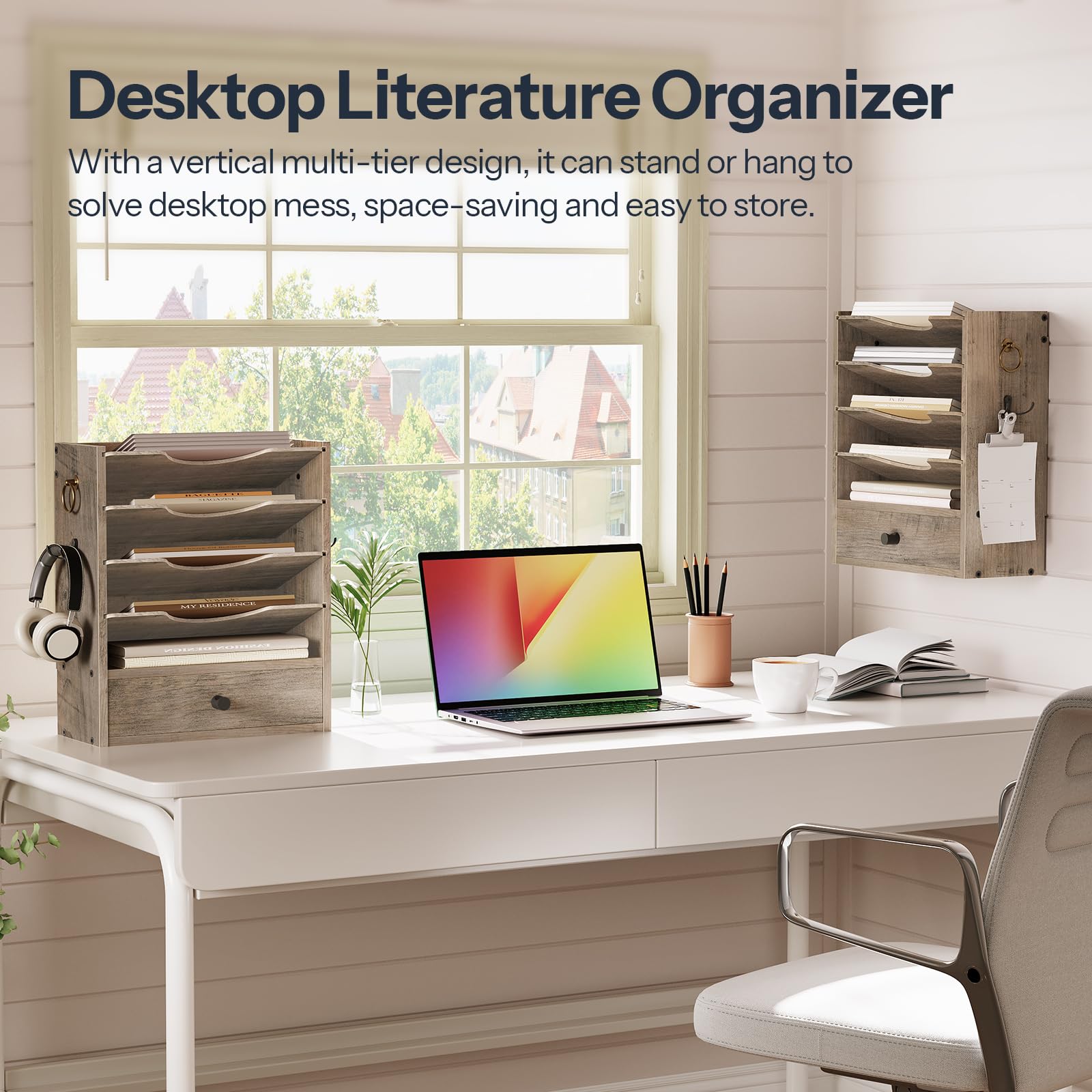 HOOBRO Wooden Wall File Organizer with Drawer & Hooks - Mail, Literature & Construction Paper Storage - Space Saving Office, Classroom & Home Organization (Greige BG14WF01) - Perfect for Desk, Wall & Workspace Organization