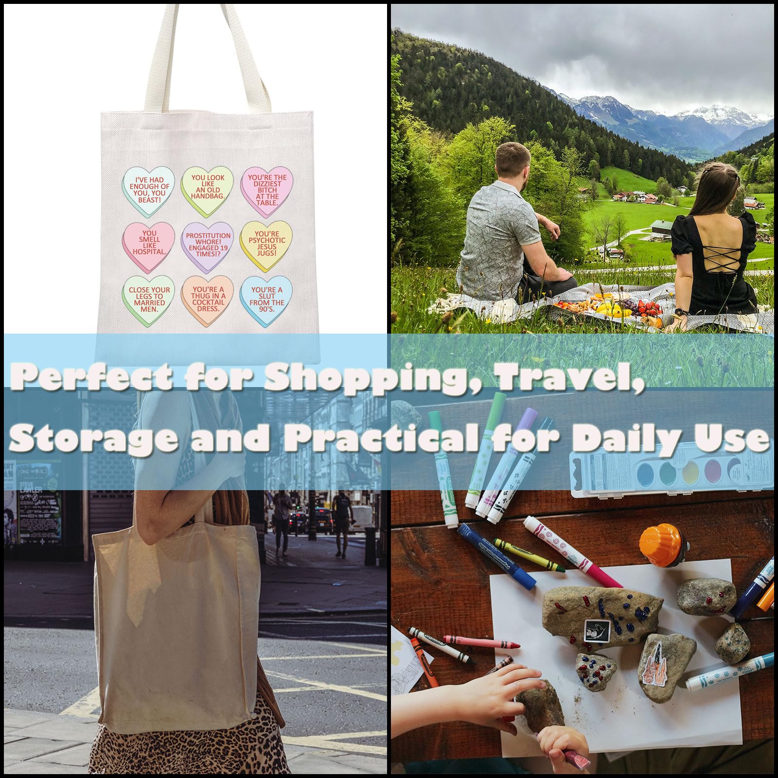 GJTIM Real Housewives Inspired Candy Hearts Quotes Tote Bag - Funny TV Show Merchandise Gift for Fans, Women - Perfect for Travel, Shopping & Reality TV Parties