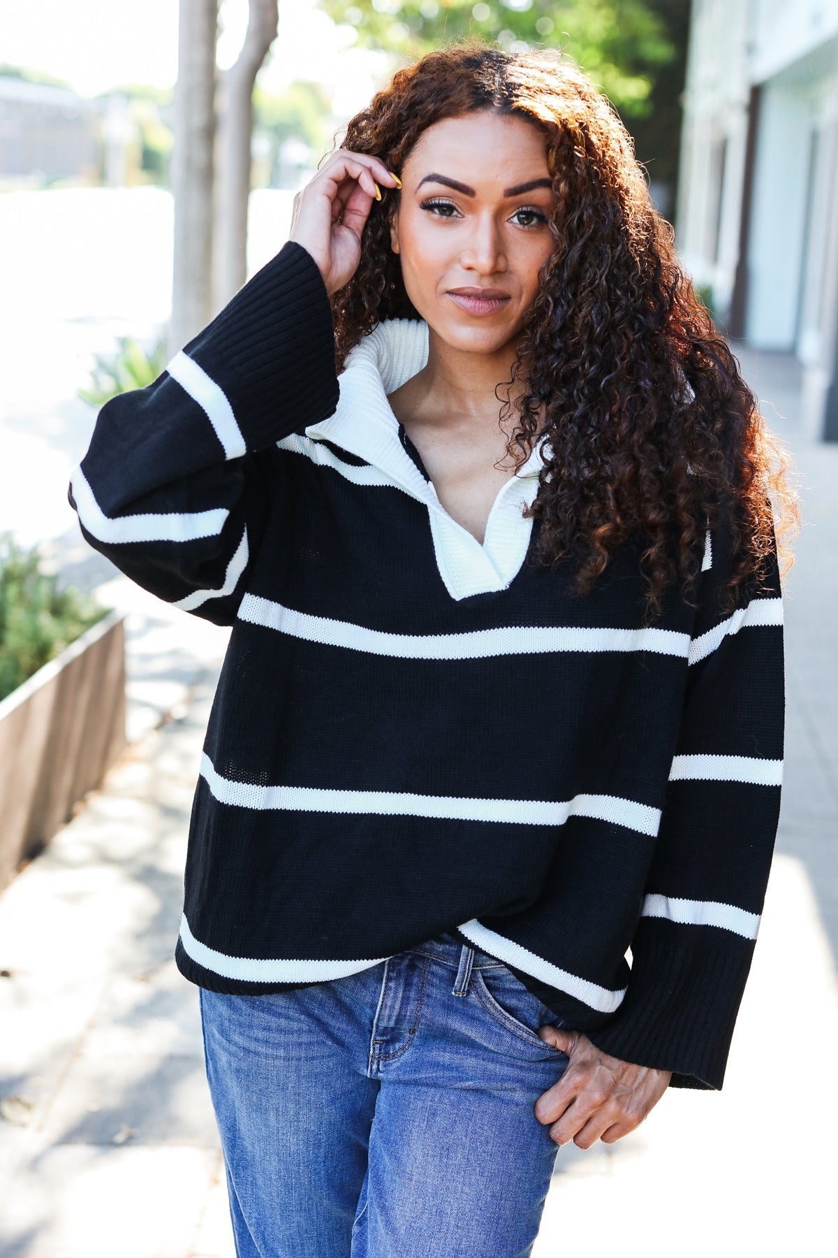 Fall For You Black Stripe Notched Neck Collared Oversized Sweater | Women's Chunky Knit Pullover | Cozy Winter Fashion for Casual Outings & Date Nights