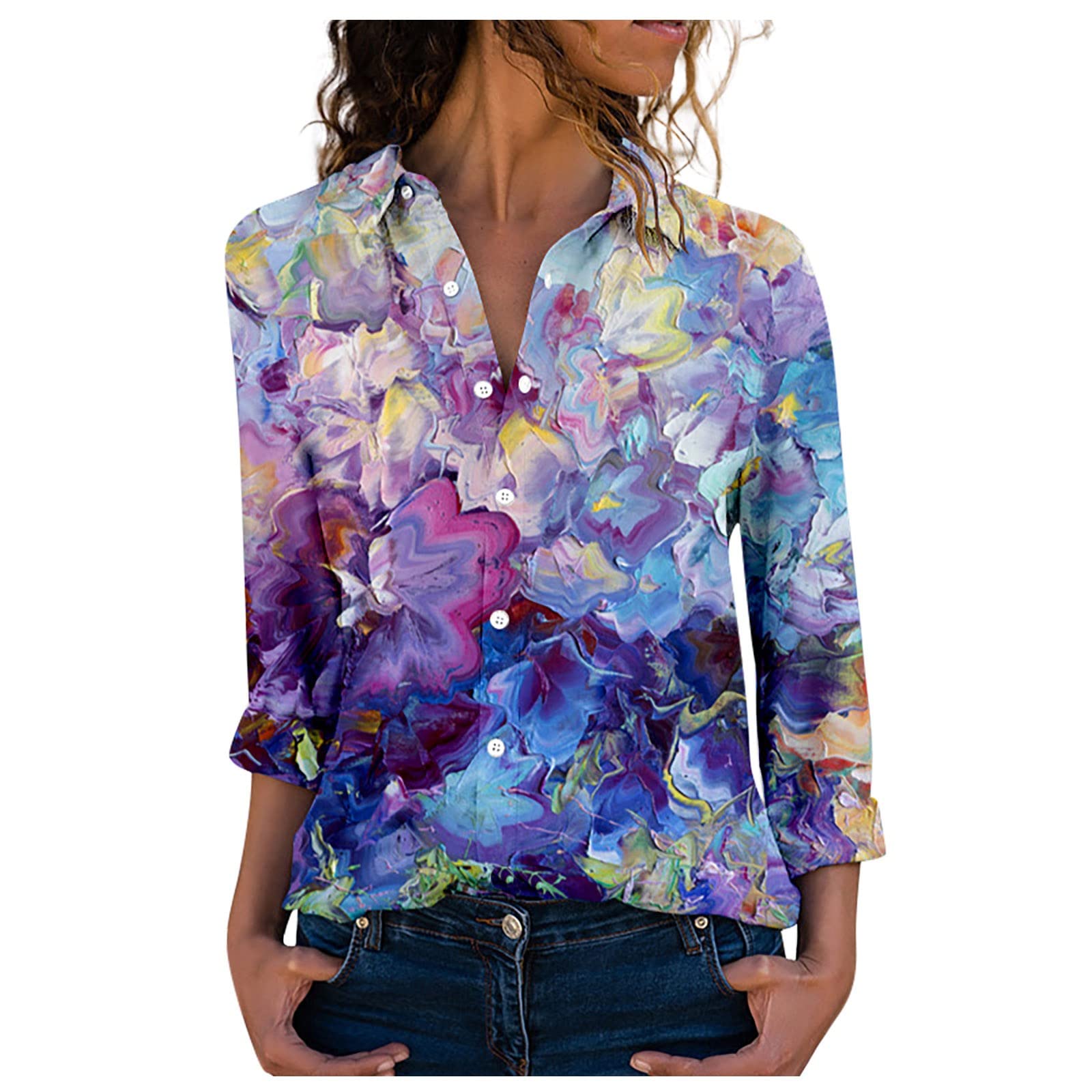 Women's Long Sleeve T-Shirts - Autumn Casual Printed Blouse with Lapel Collar | Comfortable Polyester Tunic Tops for Work, Dating & Everyday Wear