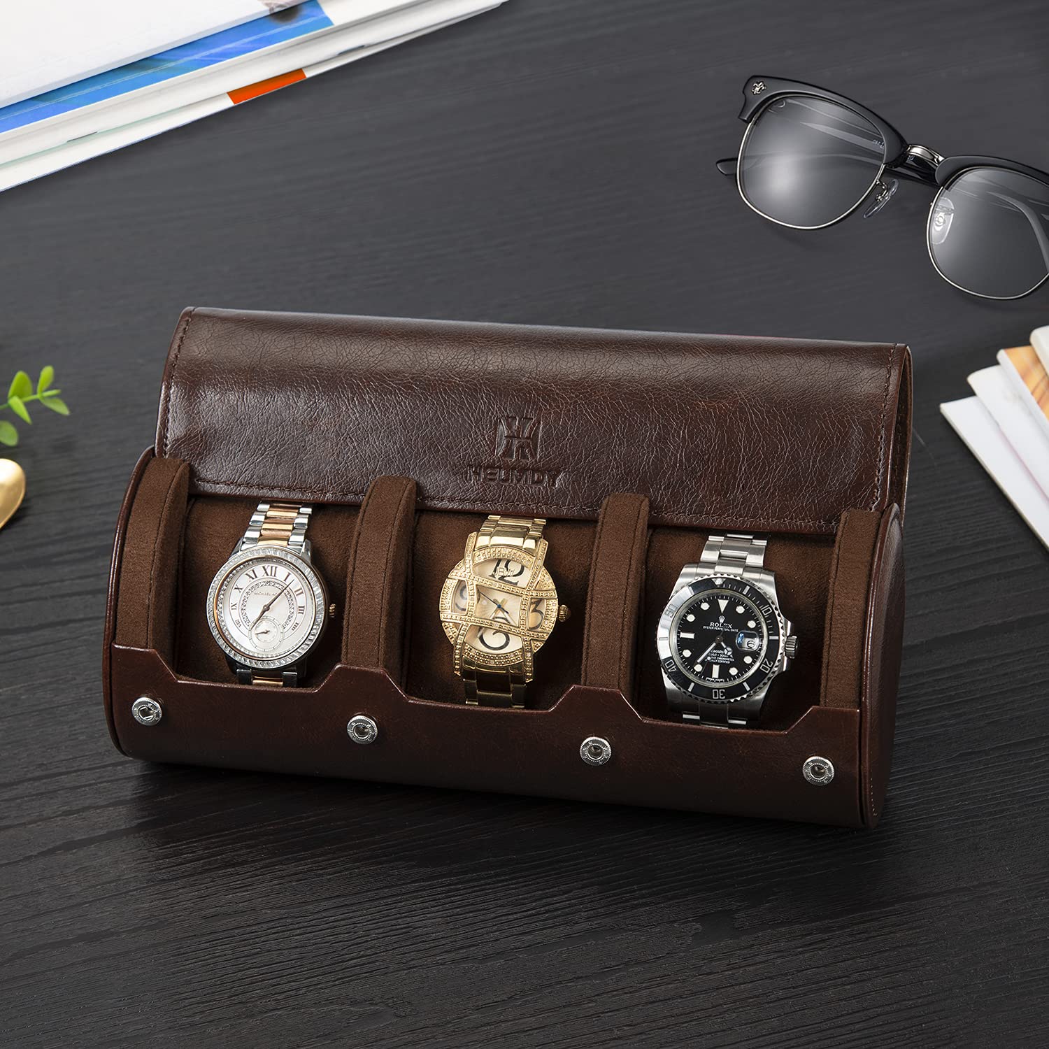Premium 3-Slot Watch Roll Travel Case for Men - Leather Watch Storage & Display Organizer Fits All Wristwatches & Smartwatches Up to 50mm (Dark Brown) - Perfect for Travel, Business Trips & Watch Collection Storage