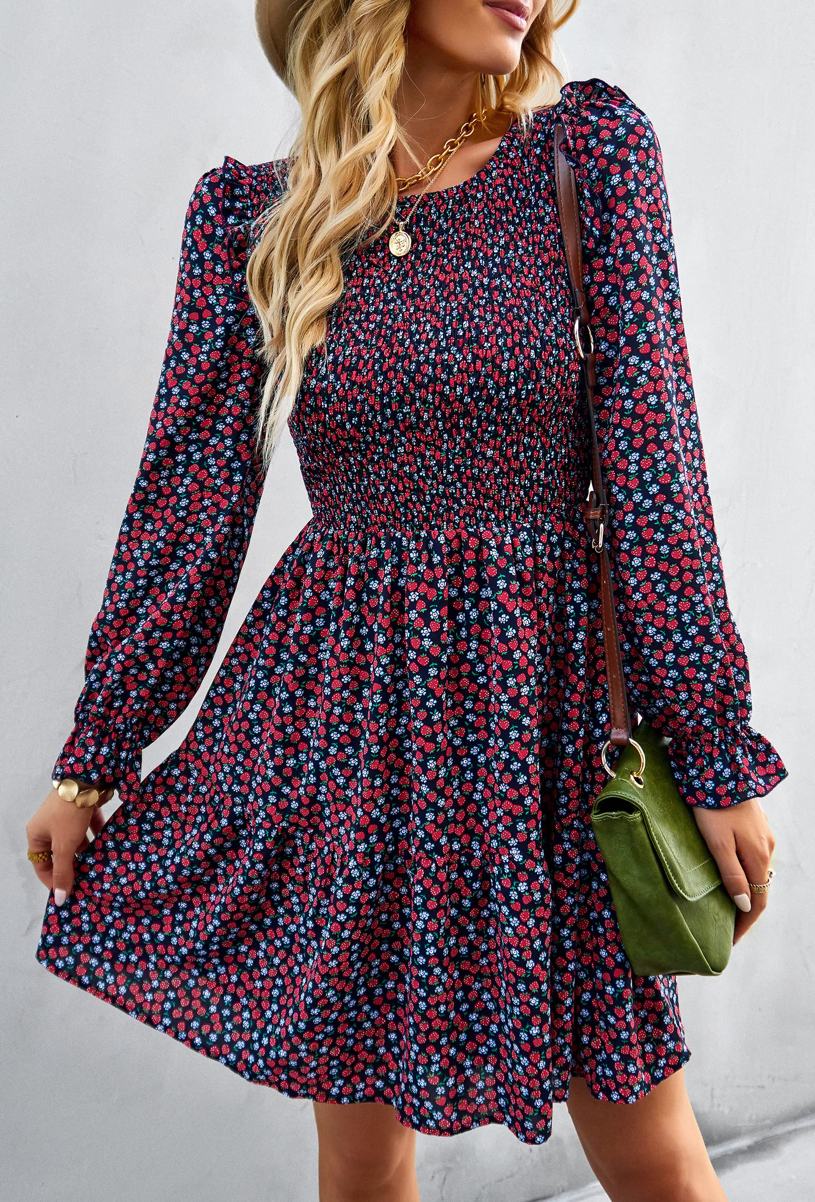 KIRUNDO Women's Floral Smocked Long Sleeve Spring Dress 2025 - Crewneck Ruffle A-Line Flowy Mini Party Dress for Summer, Weddings, Garden Parties & Date Nights