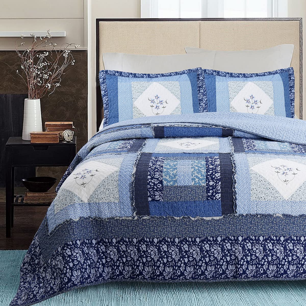 100% Cotton Patchwork Quilt Set 3-Piece Bedding - Full/Queen Size for Cozy Bedroom Decor | Perfect for Master Bedroom, Guest Room & Farmhouse Style