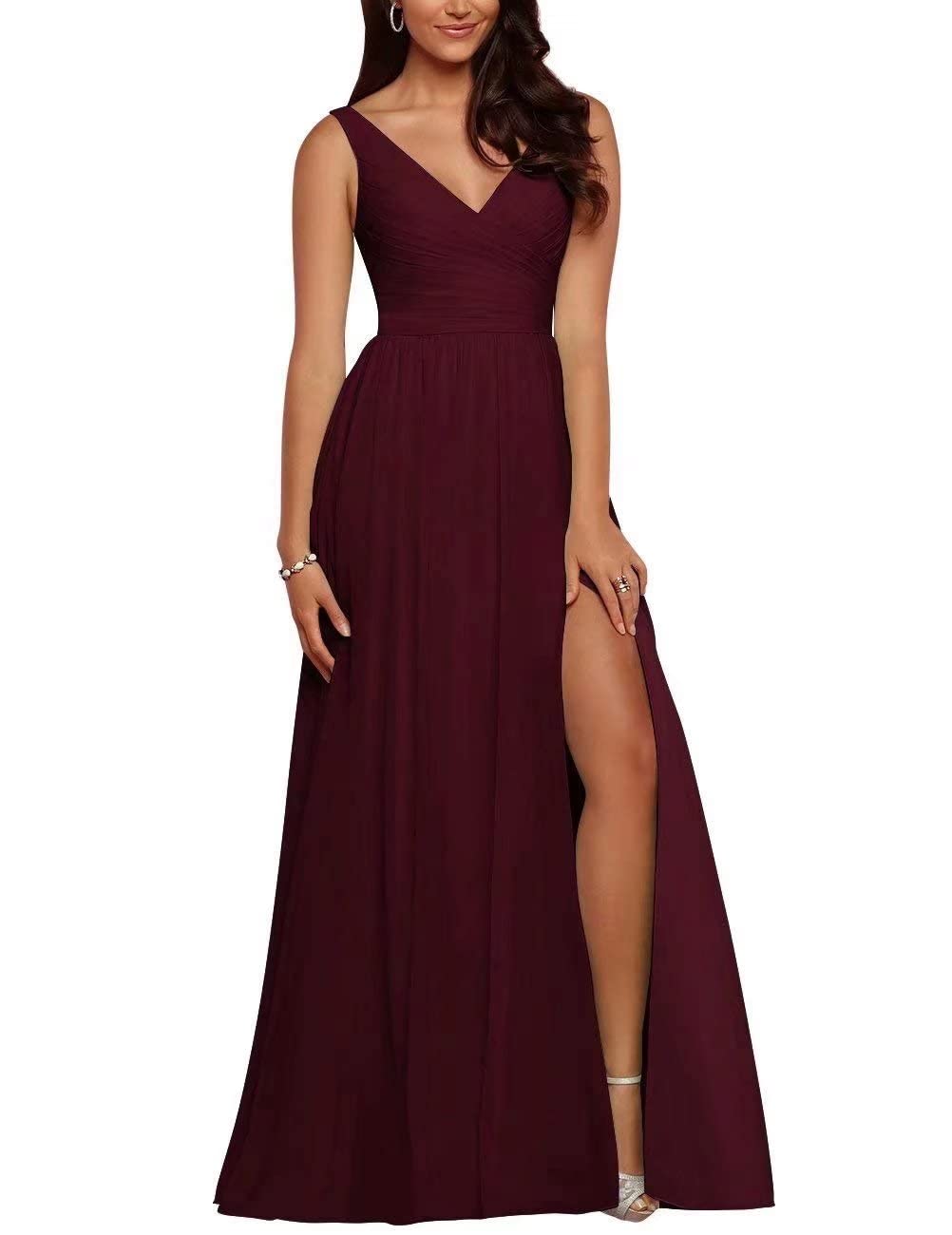 Elegant Women's Double V Neck Bridesmaid Dress with High Slit - Flowy Chiffon Maid of Honor Gown for Weddings, Formal Events & Special Occasions