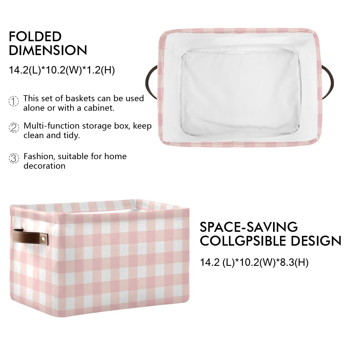 Pink Checkered Collapsible Storage Basket - Waterproof Rectangle Bin for Nursery Toys, Books & Clothes | Foldable Organizer for Closet Shelves, Bedroom Decor & Kids Room Organization