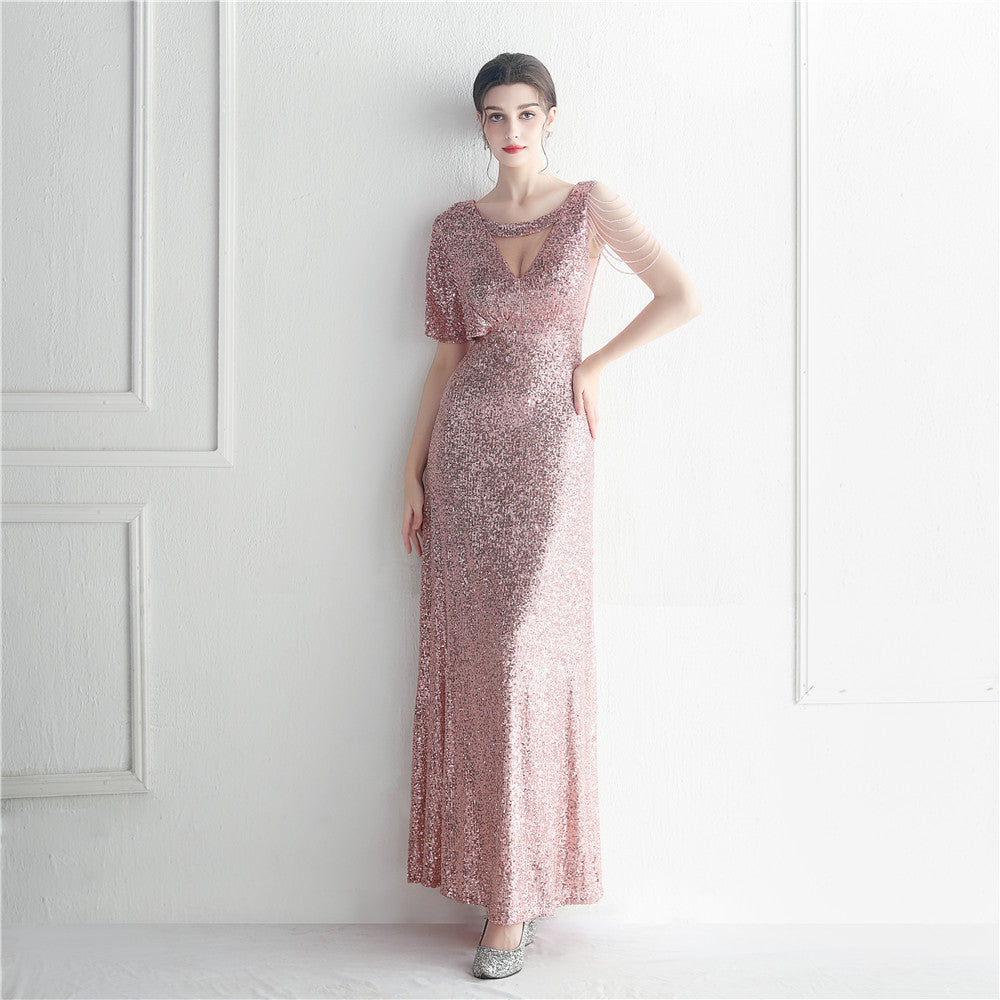 Elegant Mesh Long Evening Dress for Bridesmaid - Hot Trade Craft Bead Lotus Leaf Sleeve Perspective Gown for Wedding, Party & Formal Celebration Dinner