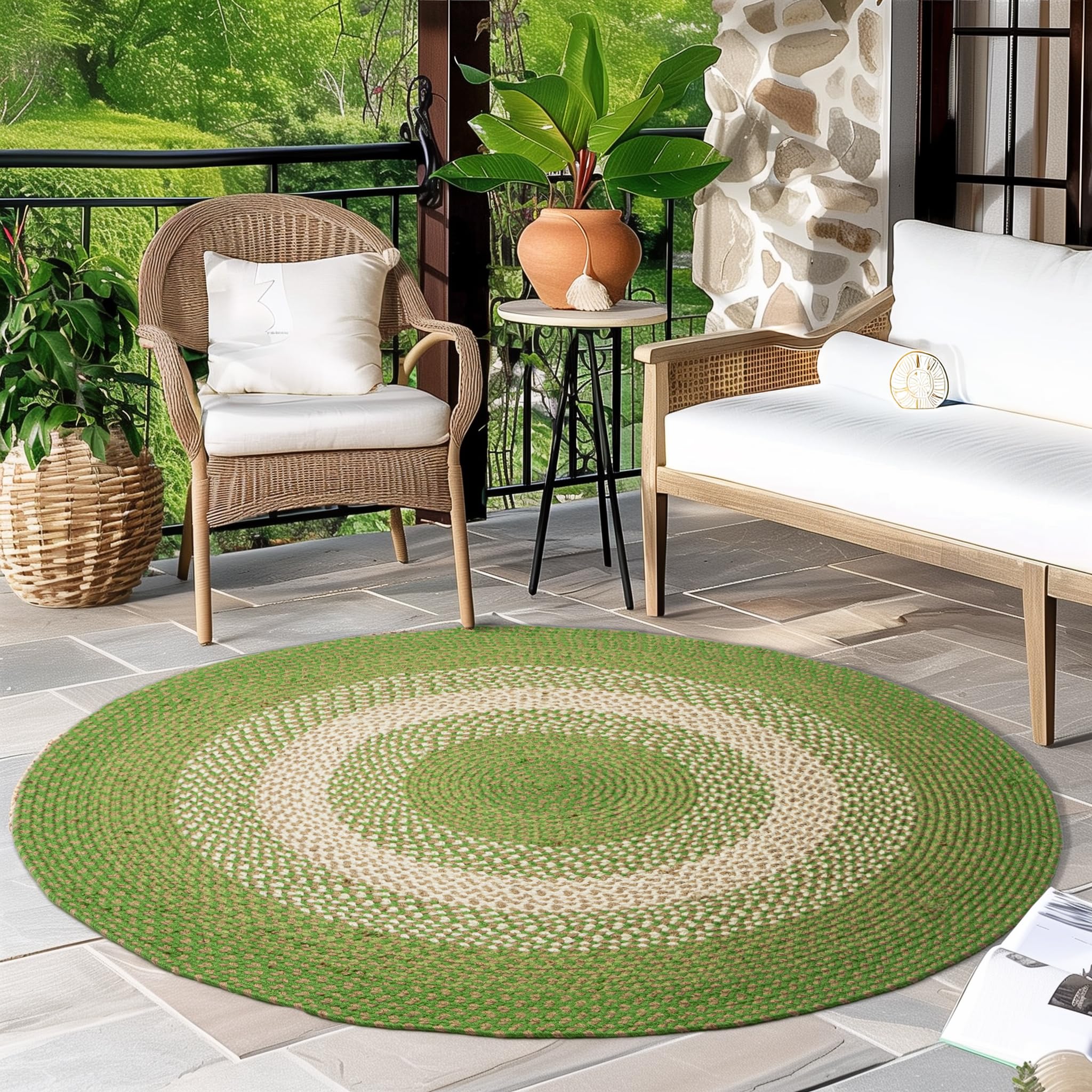 Super Soft Braided Area Rug - 4' Round Green & Taupe Beige Indoor/Outdoor Rug for Dining Room, Patio, Porch | Durable & Stylish Home Decor for Living Spaces