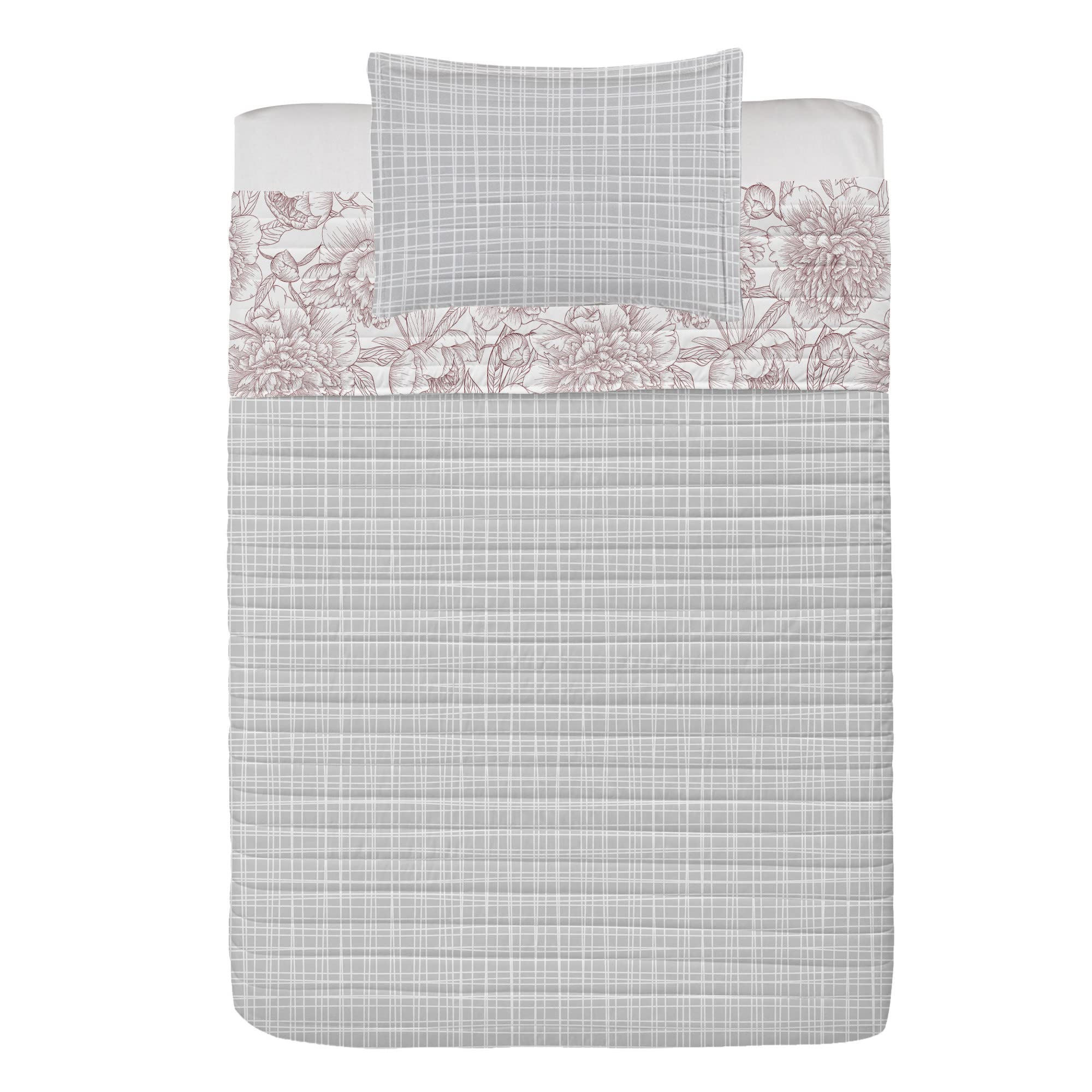 Ambesonne Floral Reversible Bedspread Set - Hand Drawn Rose, Chamomile & Peonies Design - Microfiber Twin Size Bedding with Pillow Shams in Grey Pink - Perfect for Spring Bedroom Decor & Boho Chic Home Styling