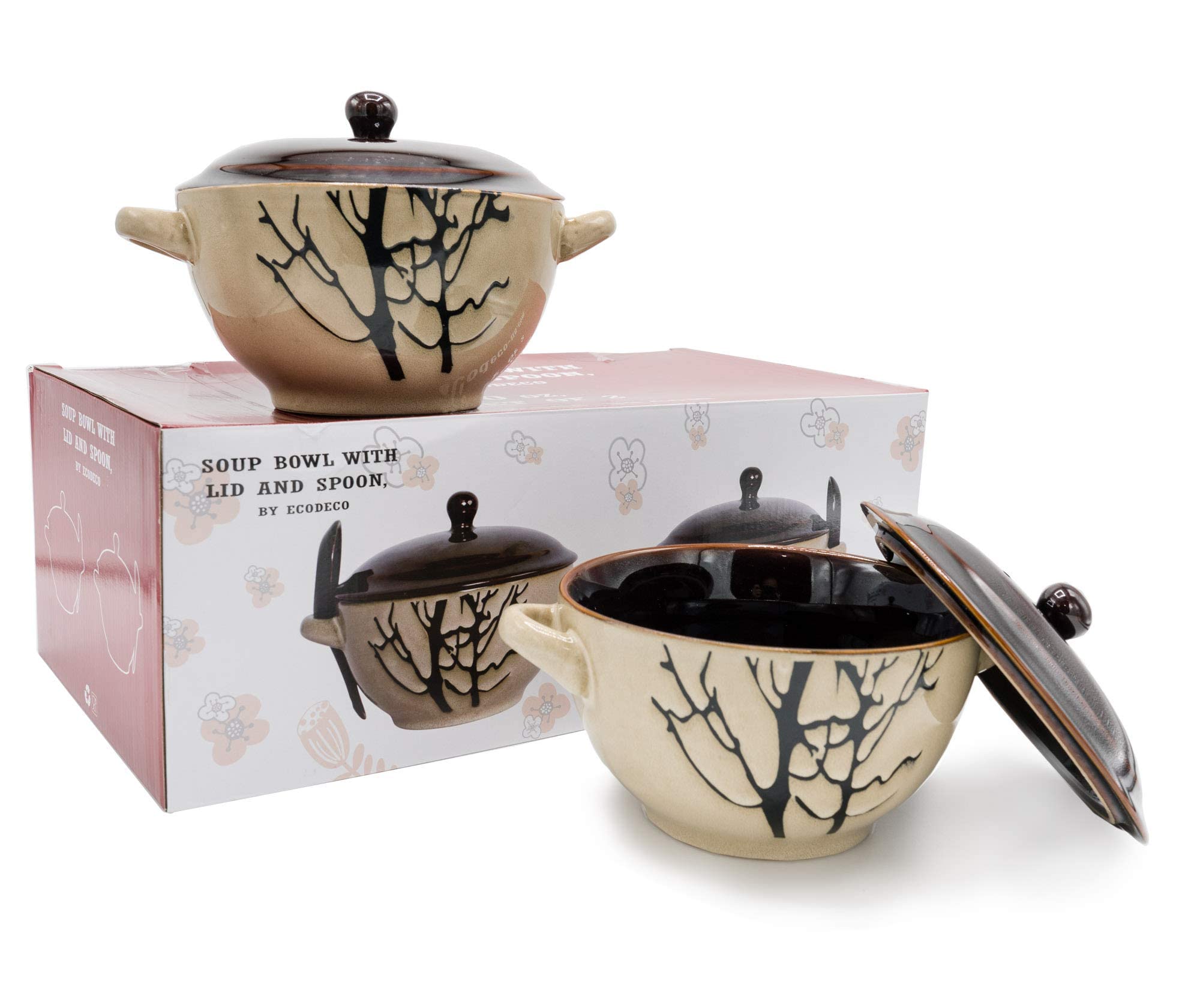 ECODECO 30oz Large Ceramic Soup Bowls with Handles - Oven-Safe Set of 2 with Lids - Perfect for Baking, Serving & Storing Soups, Stews, and Casseroles