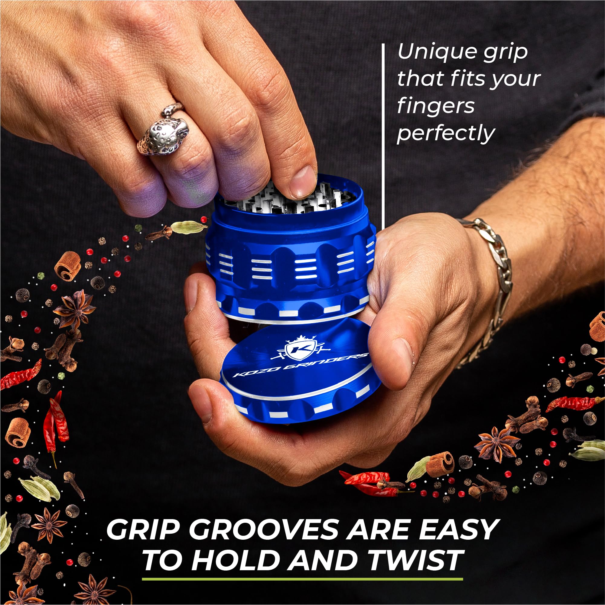 2.5 Inch Herb Grinder - 4 Piece Aluminum Spice Mill with Pollen Catcher (Blue) - Perfect for Grinding Herbs, Spices & Tobacco - Ideal for Cooking, Baking & Smoking Accessories