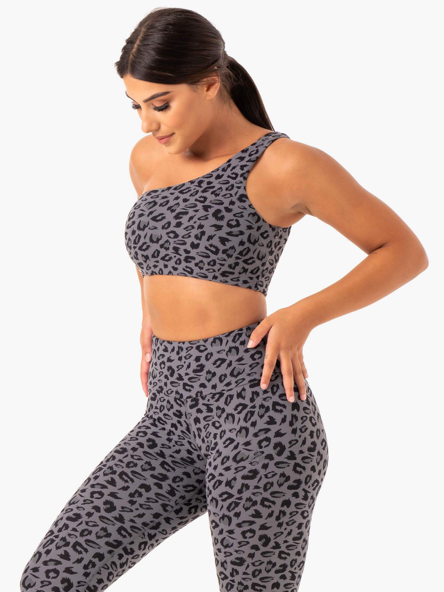 Adapt One Shoulder Sports Bra - Grey Leopard Print - Workout, Yoga & Running Support - Comfortable & Stylish Activewear for Women