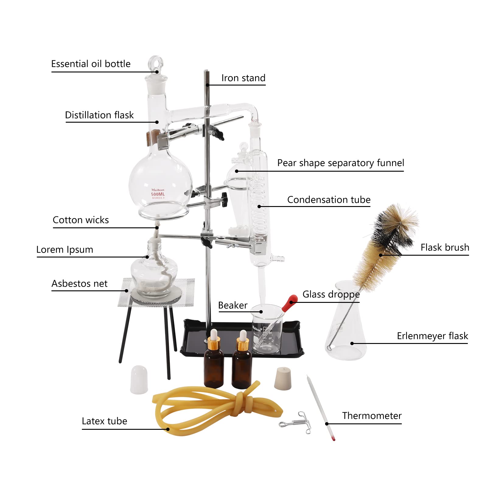 500ml Lab Glassware Distillation Kit - Steam Water & Alcohol Distiller, Organic Chemistry Purifier Equipment for Home & Lab Use | Perfect for Essential Oil Extraction, Chemistry Experiments & DIY Distilling