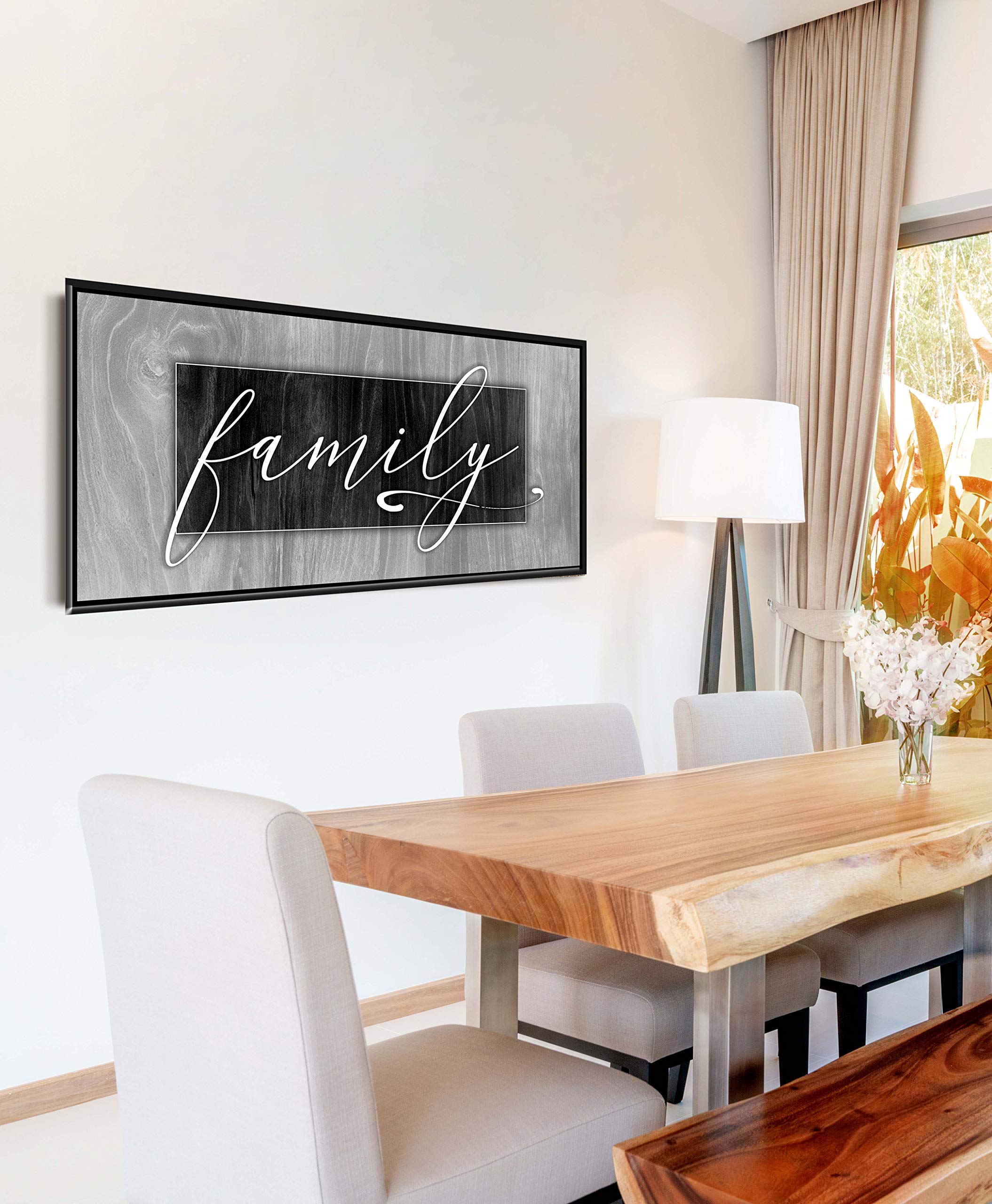 Farmhouse Family Sign Wall Decor - Rustic Hanging Home Art with Grey & Black Floating Frame (42x19) - Perfect for Living Room, Entryway, or Bedroom Decor
