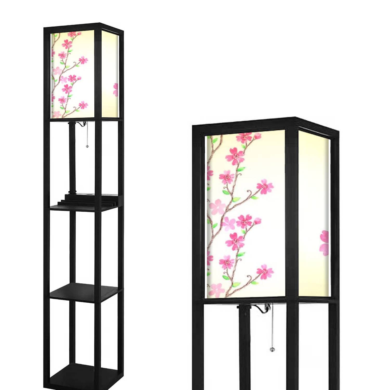 Modern Spring Cherry Blossoms Watercolor Floor Lamp with Shelves, USB Ports & Power Outlet - Linen Fabric Shade Tall Corner Standing Lamp for Living Room, Bedroom - Perfect for Reading Nooks, Home Office & Cozy Spaces