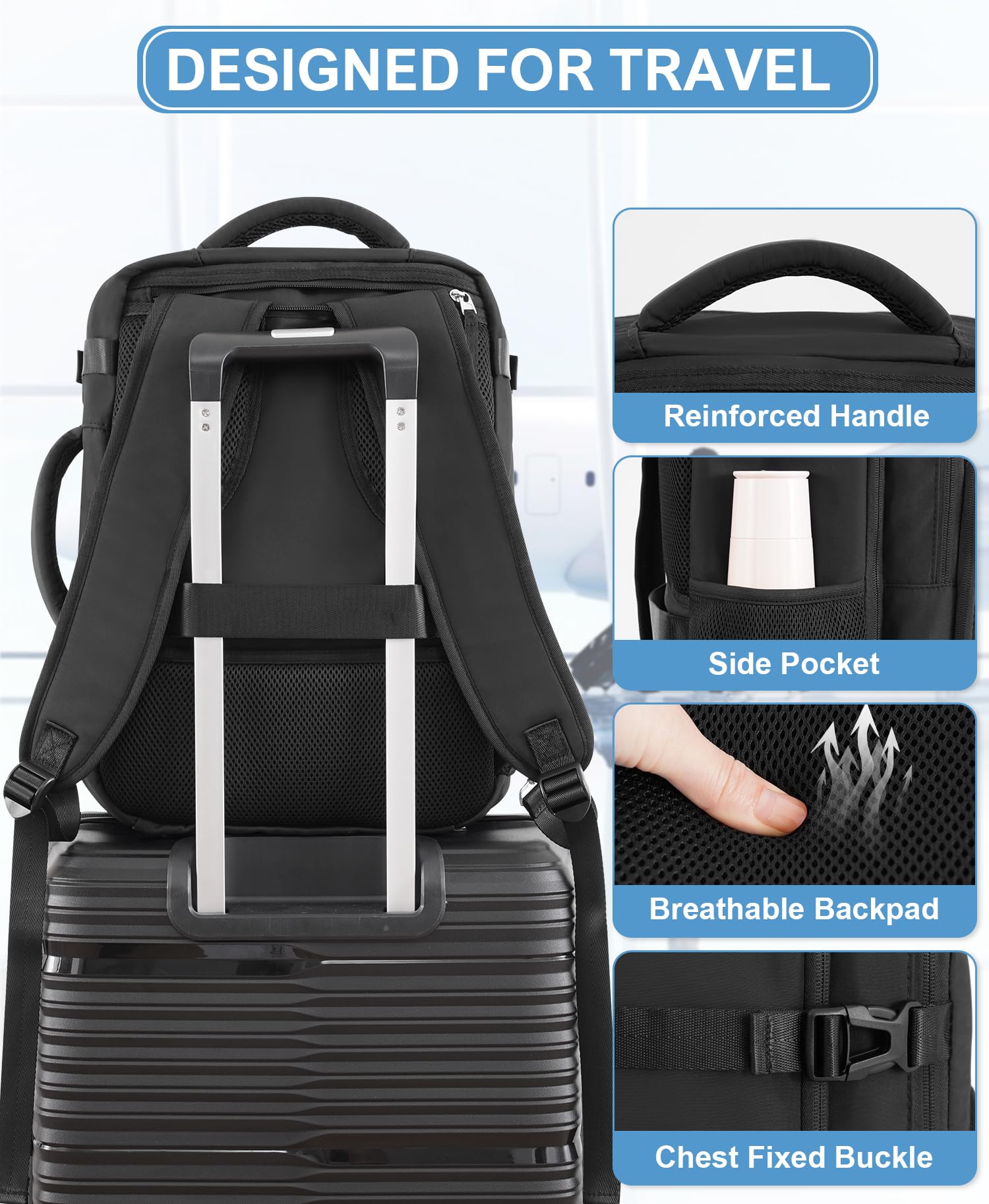 Beraliy Lightweight Travel Backpack - Airline Approved Carry On Personal Item, Durable Hiking & Laptop Backpack for College, Work, Gym - Perfect for Men & Women (Black) | Ideal for Business Trips, Weekend Getaways & Outdoor Adventures