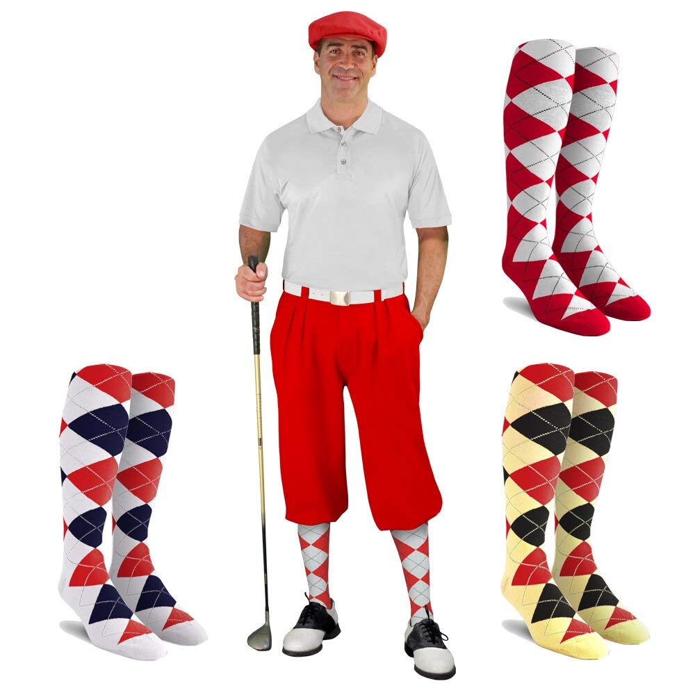 **Men's Albatross Golf Knickers Outfit - Red Golf Cap & 3 Argyle Socks - Perfect for Golfing, Casual Wear & Vintage Style**
