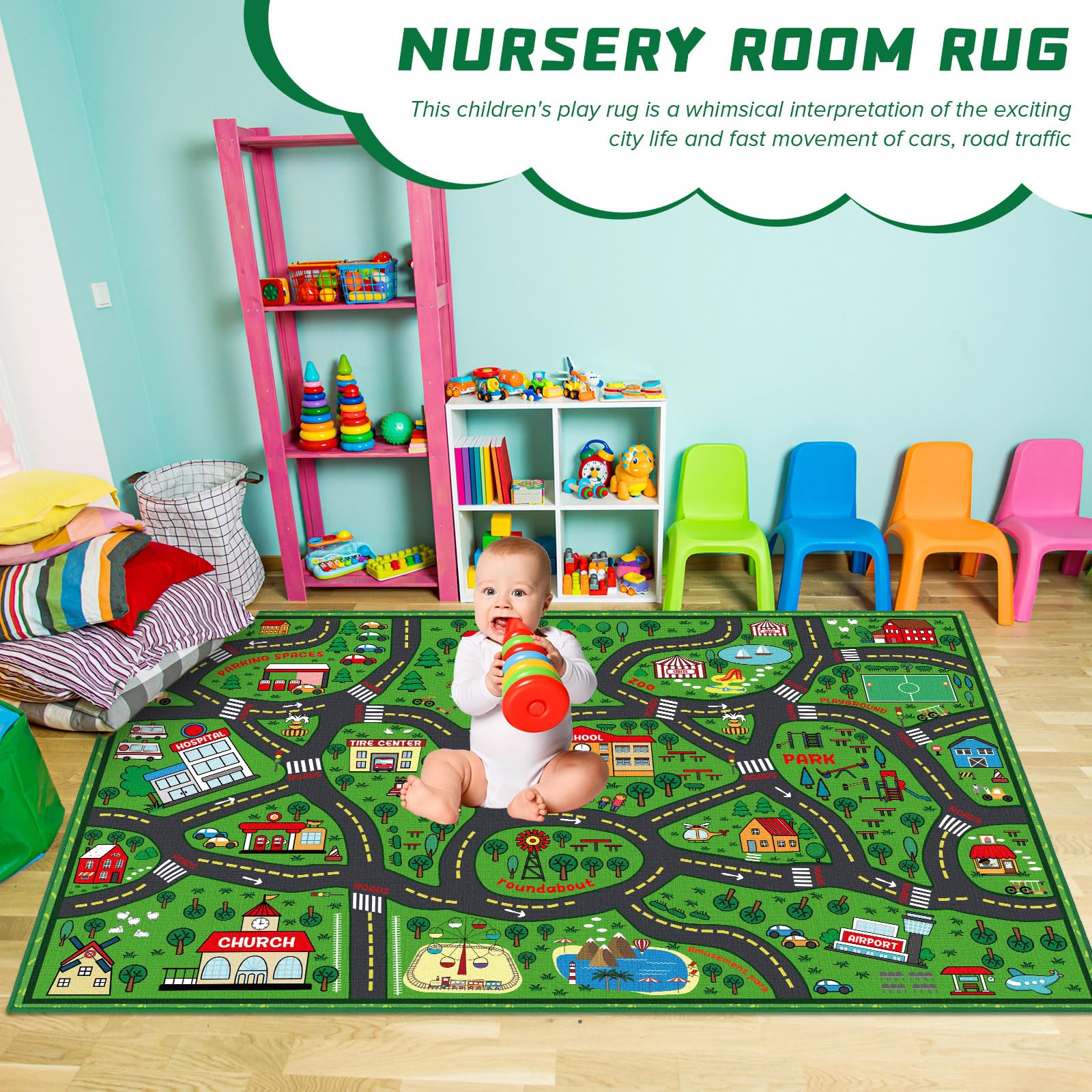 Tinideya 6x9 ft Kids Playmat Rug - City Traffic Road Map Educational Carpet for Toddlers | Non-Slip Classroom, Playroom & Bedroom Floor Mat (Green) - Perfect for Learning Games, Pretend Play & Nursery Decor