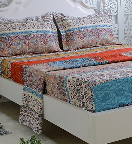 FADFAY 100% Cotton Bed Sheet Set 4-Piece Queen Size - Soft Breathable Boho Chic Fitted Sheets for Bedroom, Guest Room & Dorm Use