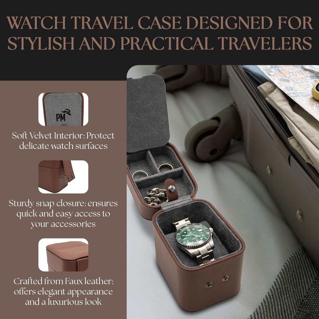 Premium Leather Travel Watch Case for Men - Luxury Wristwatch & Smartwatch Storage Organizer - Perfect for Business Trips, Vacations & Jewelry Protection