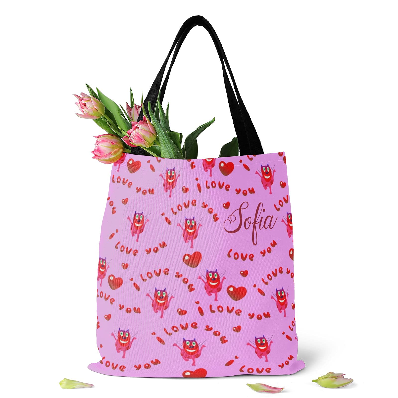 Personalized Cat & Hearts Tote Bag - Reusable Shopping & Travel Bag for Daily Use