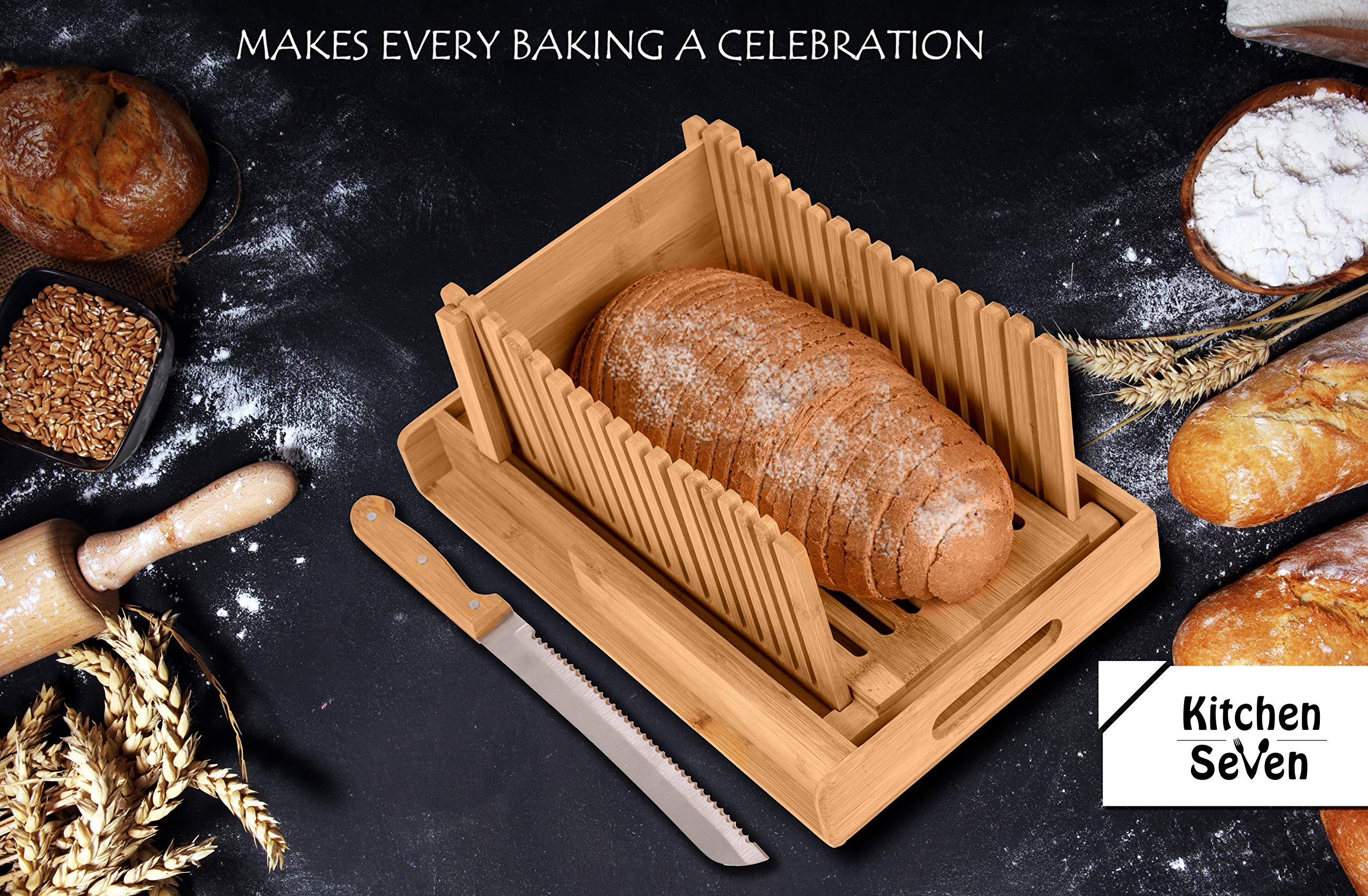 Premium Bamboo Bread Slicer with Crumb Tray - Adjustable 3-Size Bread Cutter for Homemade Bread, Loaf Cakes & Bagels - Compact Foldable Design for Easy Storage - Perfect for Kitchens, Bakeries & Breakfast Prep