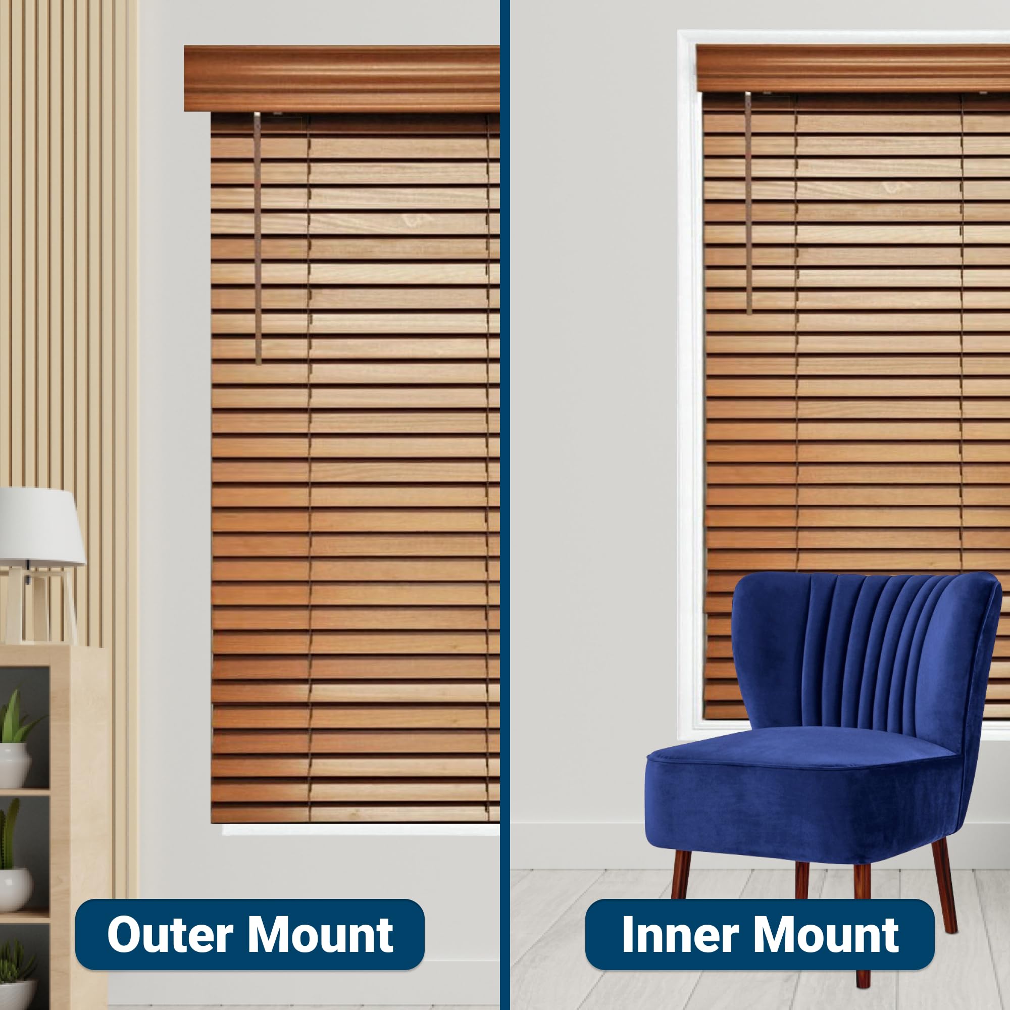 Customizable Wood Horizontal Cordless Window Blinds - 2 Inch Slats - Golden Oak Finish - Inside or Outside Mount - Perfect for Living Room, Bedroom & Home Office