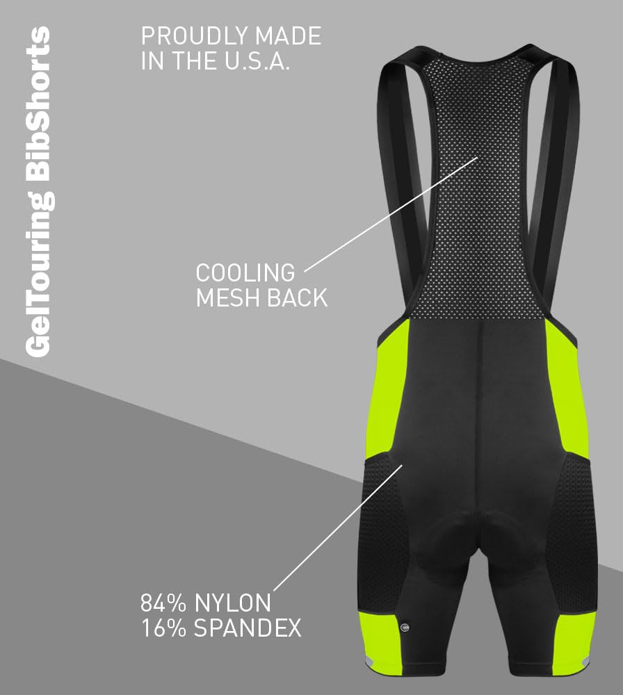 Men's Gel Touring Padded Cycling Bib-Shorts with Large Mesh Storage Pockets | High-Performance USA-Made Bike Shorts for Road Cycling & Long-Distance Rides