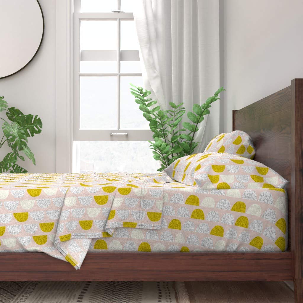 Scandinavian Retro Moon Circles Cotton Sheets - 100% Cotton Twin 3pc Bedding Set | Soft Pastel Mustard Spots Abstract Print | Gender Neutral Modern Style for Nursery, Guest Room & Dorm Decor