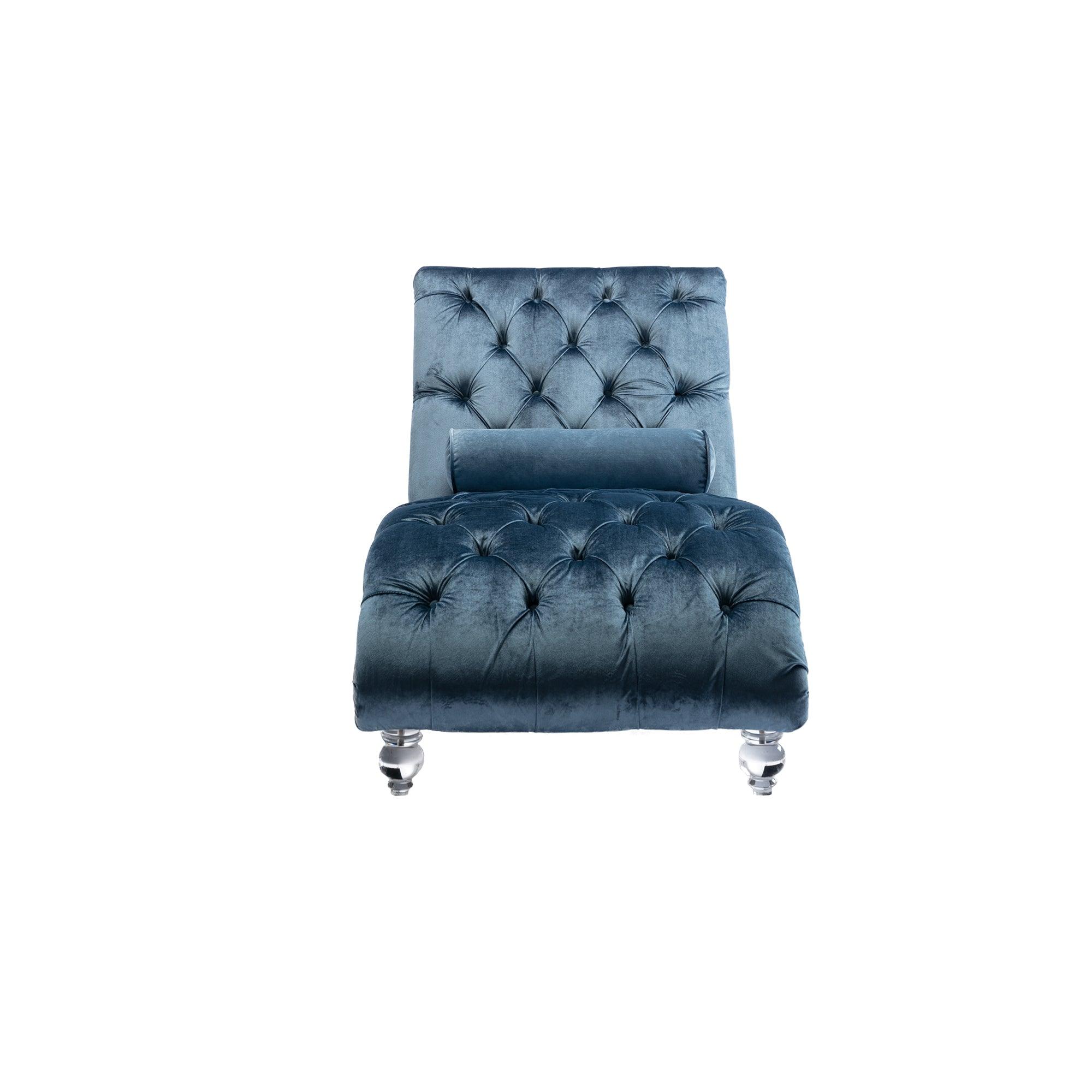 Luxury Velvet Chaise Lounge Chair - Button Tufted Upholstered Sofa with Pillow for Bedroom, Living Room & Office - Light Blue Velvet - Perfect for Relaxing, Reading & Home Decor