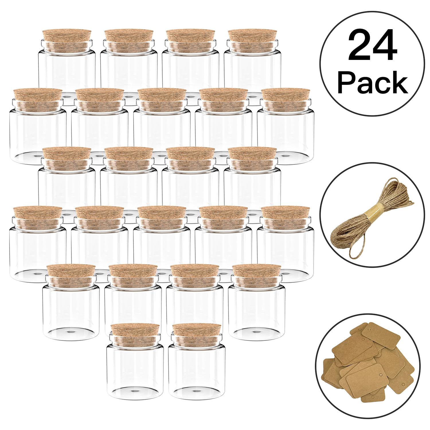24 Pack 1.7 Oz (50ml) Glass Bottles with Cork Stoppers - Mini Small Glass Jars for Wedding Favors, DIY Crafts, Home Decor & Party Supplies - Perfect for Essential Oils, Spices, Bath Salts & Gift Packaging