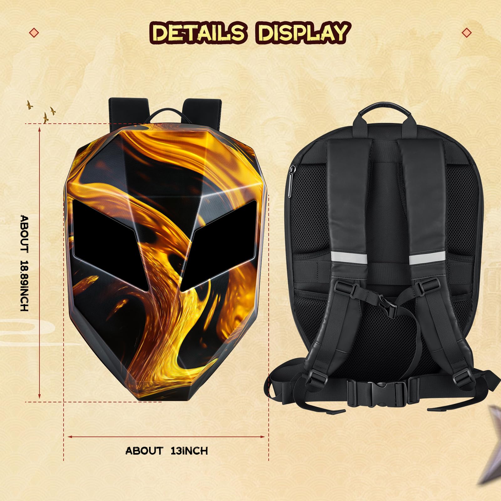 Gelrova Motorcycle Backpack for Men - LED Backpack with Programmable Screen, Hard Shell Waterproof Helmet Bag & Large Capacity Laptop Backpack (19inch) - Flaming Knight Design - Perfect for Commuting, Travel & Outdoor Adventures