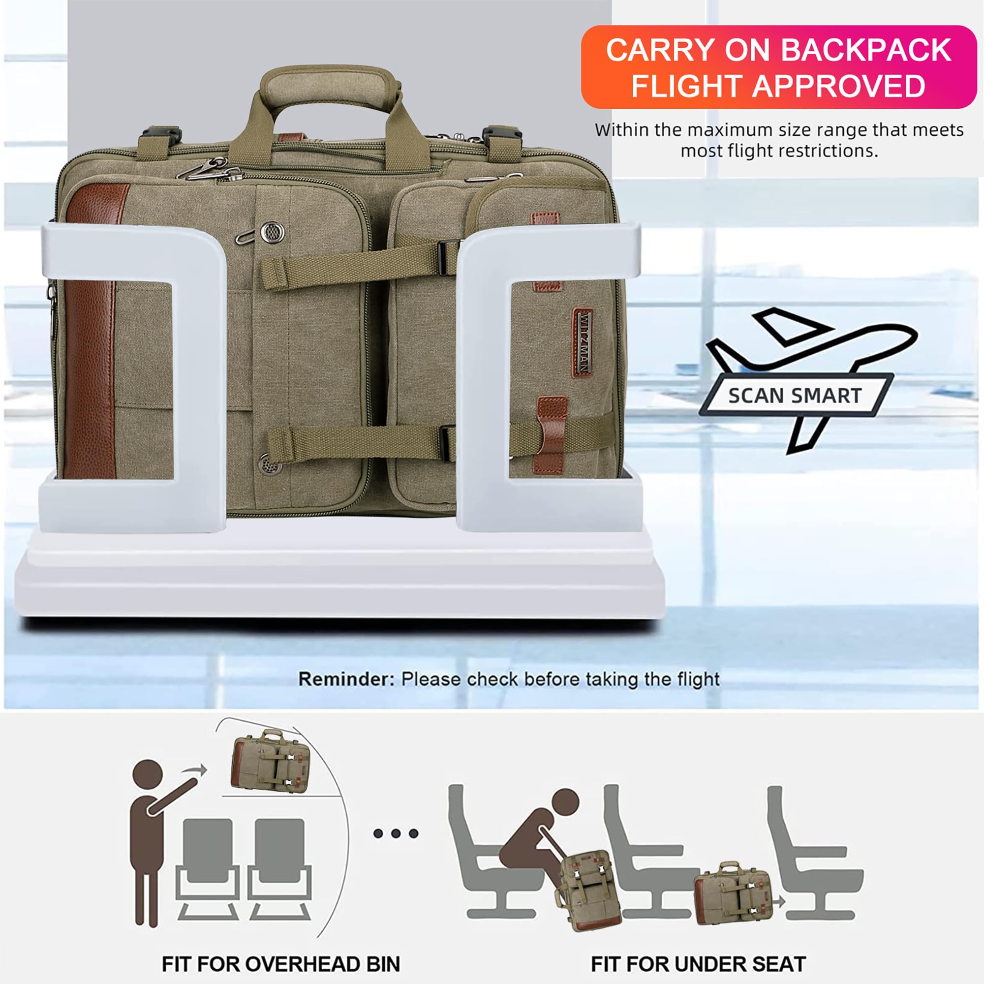 WITZMAN Men's Large Canvas Travel Backpack - 17 Inch Laptop Backpack, Airline Approved Carry-on, Convertible Shoulder Rucksack (Army Green) - Perfect for Business Trips, College & Outdoor Adventures
