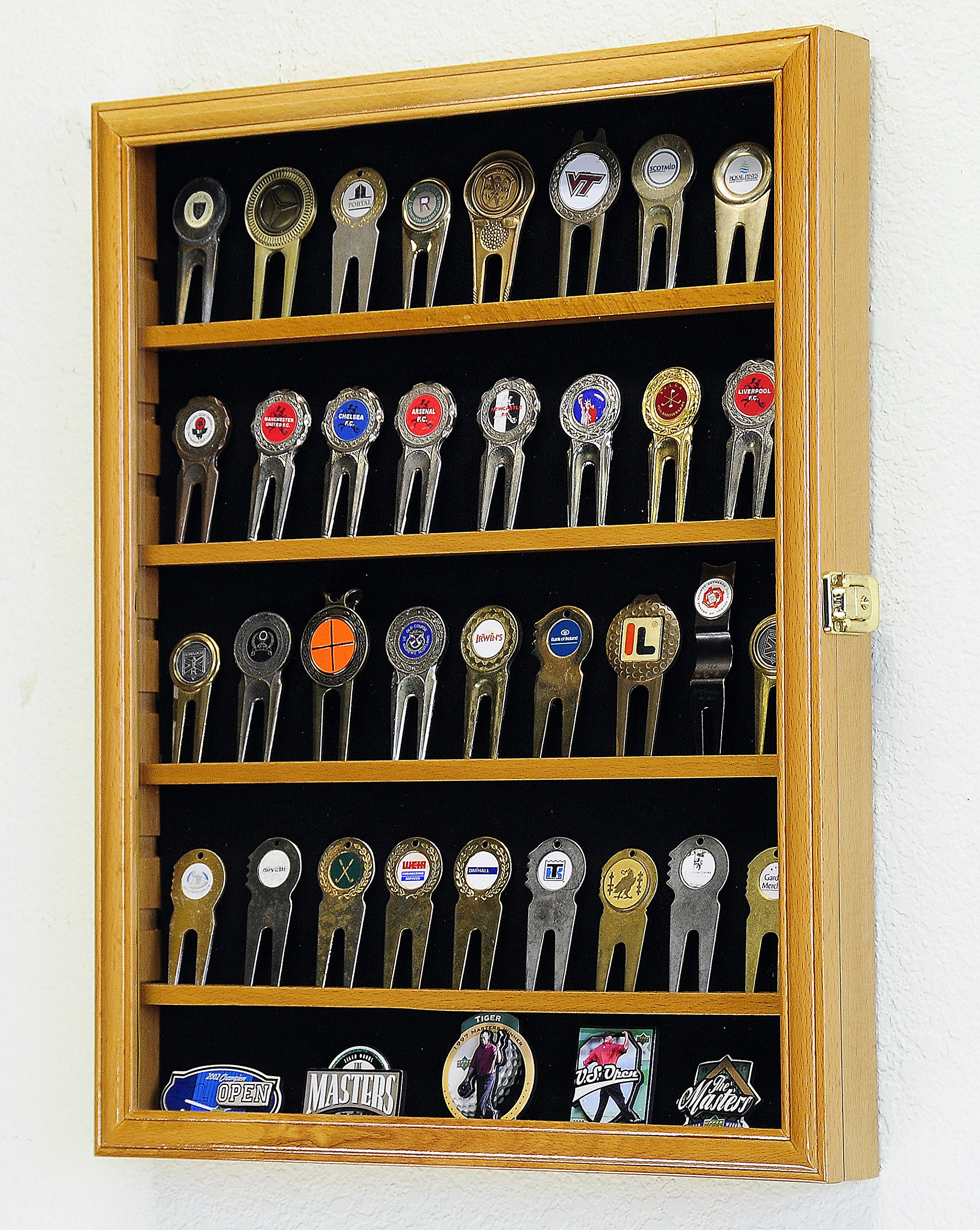Premium Golf Ball Divot Tool & Marker Display Case - Oak Finish Cabinet for Coin Chips & Medallions - Perfect for Home, Office, or Clubhouse Decor
