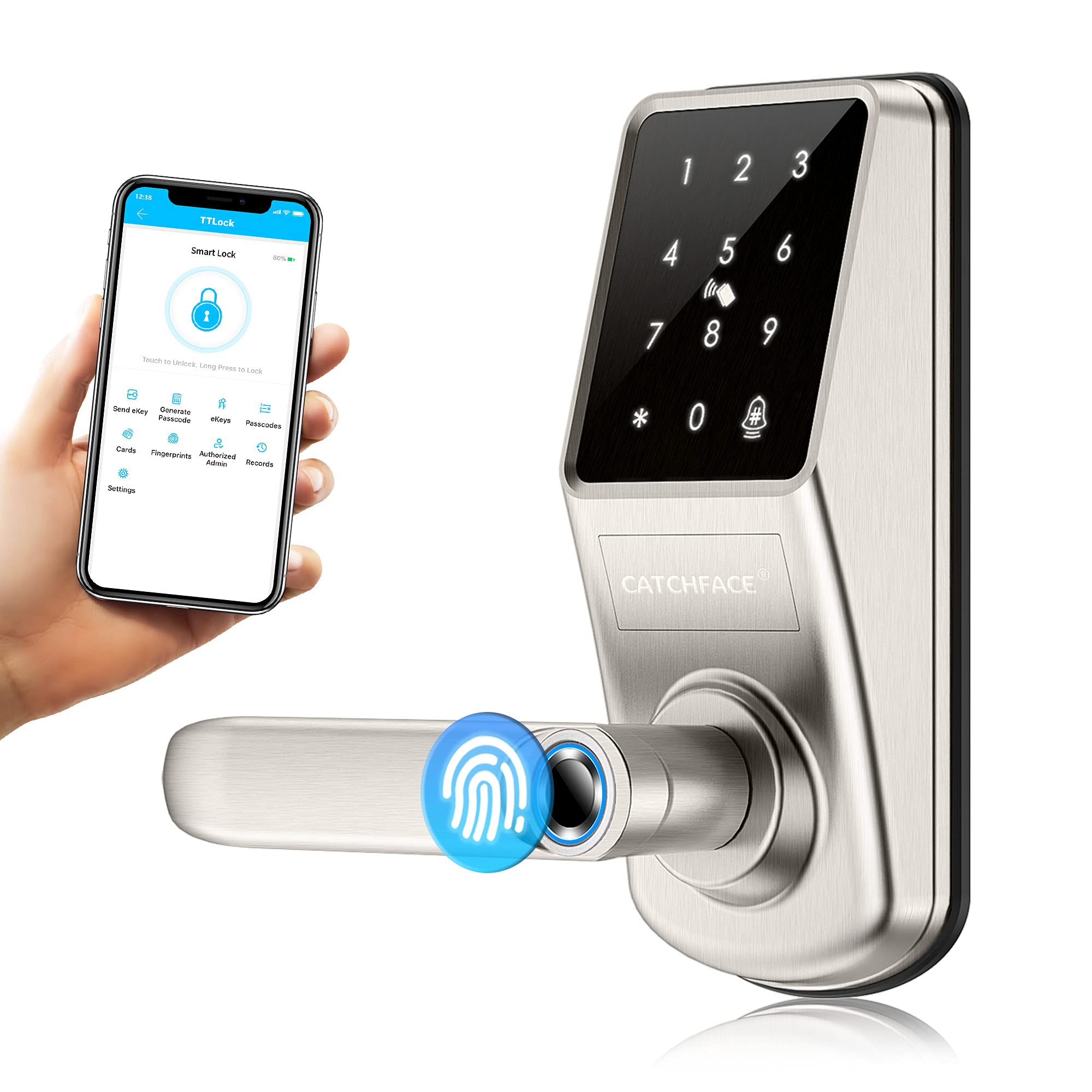 Smart Door Lock with Fingerprint, Bluetooth & Key Card - Keyless Entry for Front Door, Outdoor, Office, Garage & Airbnb - Secure Digital Smart Lock with App Control & Handle for Easy Access