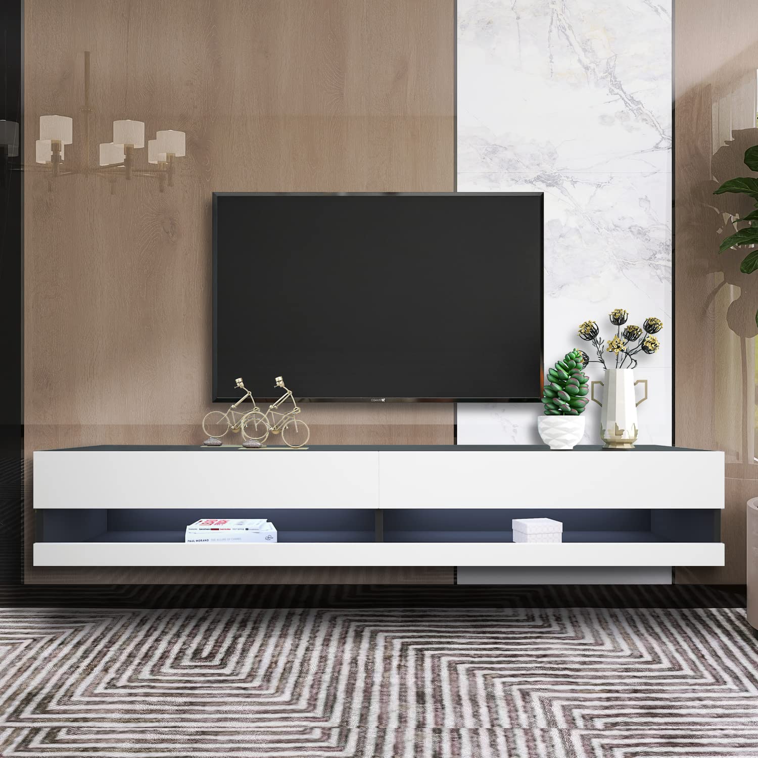 SoarFlash Floating TV Shelf Wall Mount - Modern Wood Wall Mounted TV Stand Entertainment Center with Open Storage Compartments - Perfect for Living Room, Bedroom & Home Theater Setup