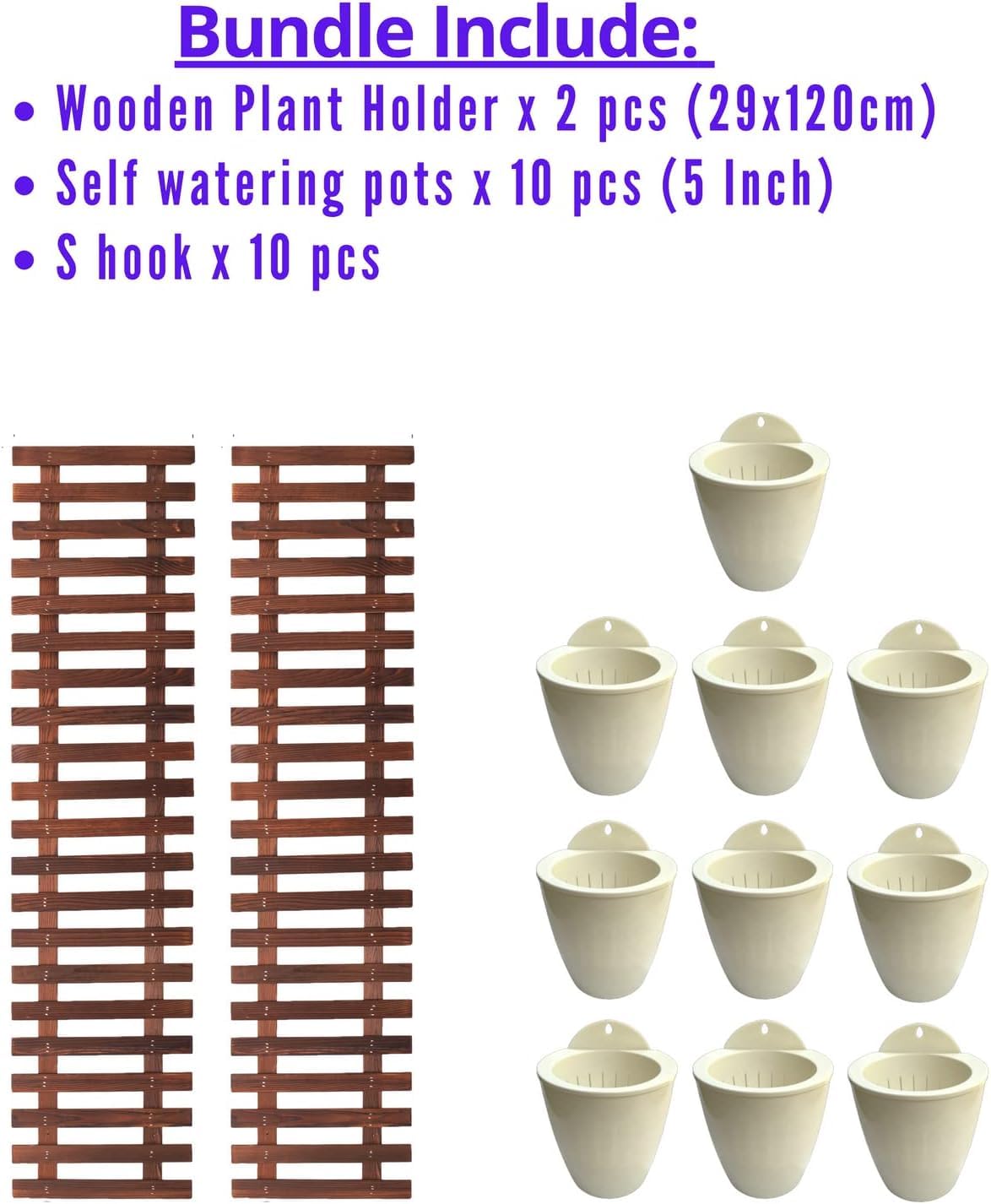 5 Inch Self Watering Plant Pots with 2 Wooden Wall Mount Holders - Indoor Vertical Garden Kit for Herbs, Succulents & Small Plants | Perfect for Kitchen, Balcony & Small Space Gardening