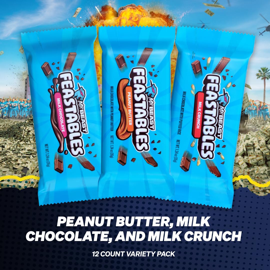 Feastables Beast Games Chocolate Bar Variety Pack - Milk Chocolate, Crunch & Peanut Butter (1.24oz/35g, 12 Count) | Perfect for Parties, Gifts & Snacking