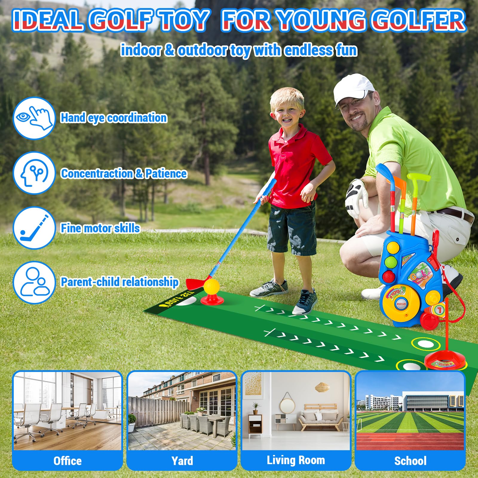 **deAO Kids Golf Set with Suitcase - Outdoor & Indoor Sports Toy for Boys & Girls Ages 3-5 - Blue Golf Clubs & Garden Game for Backyard & Playroom Fun**